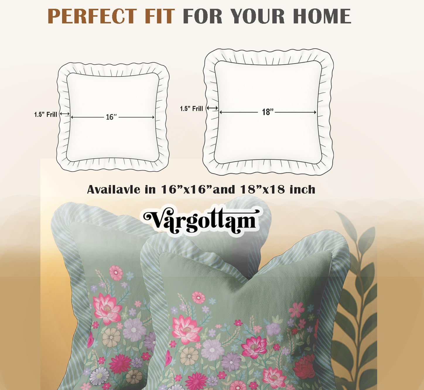Farmhouse Style Frill Pillow Covers 16x16 Cotton Cushion Covers Set of 2, Floral Pattern, Double Side Printed, Zipper Closure
