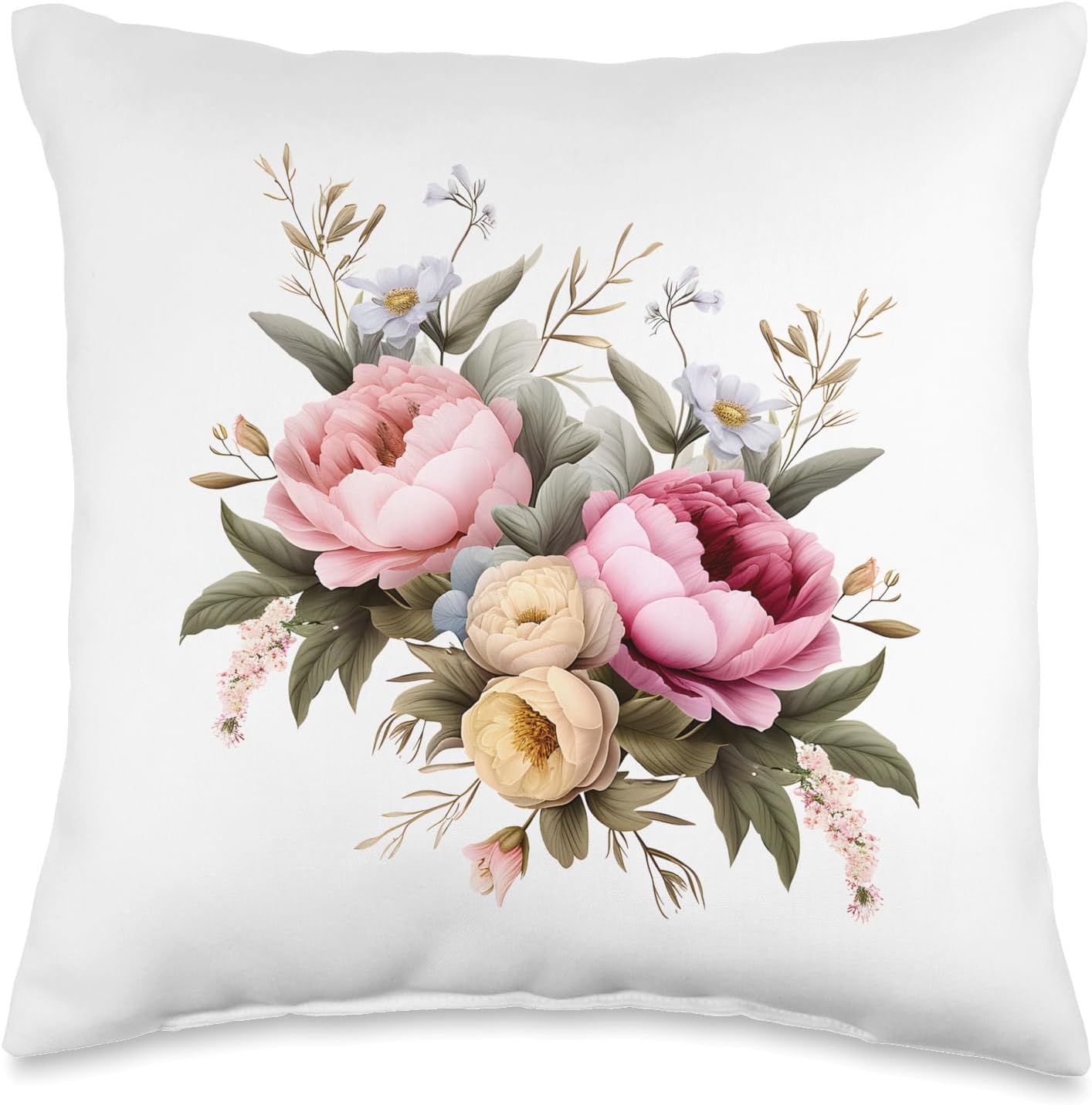 Blush Pink and Cream Flowers with Green Accents Throw Pillow
