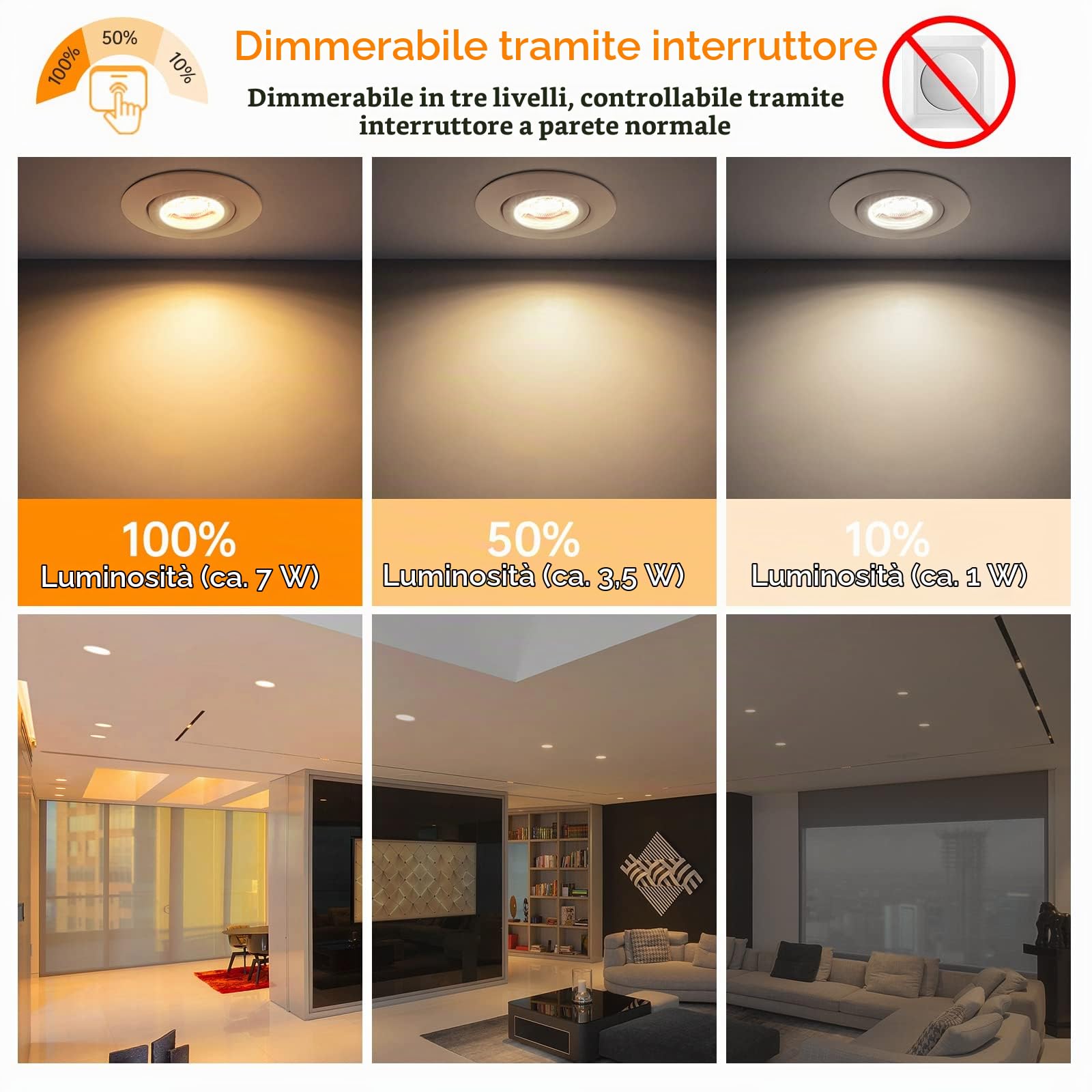 wowatt IP44 Faretti LED da Incasso per Cartongesso Bianco Dimmerabili 7W | Faretti LED Soffitto Incasso Orientabili Luce Caldo 2800K 700LM 230V per Bagno, Diametro Foro 68mm - 75mm, Set di 5