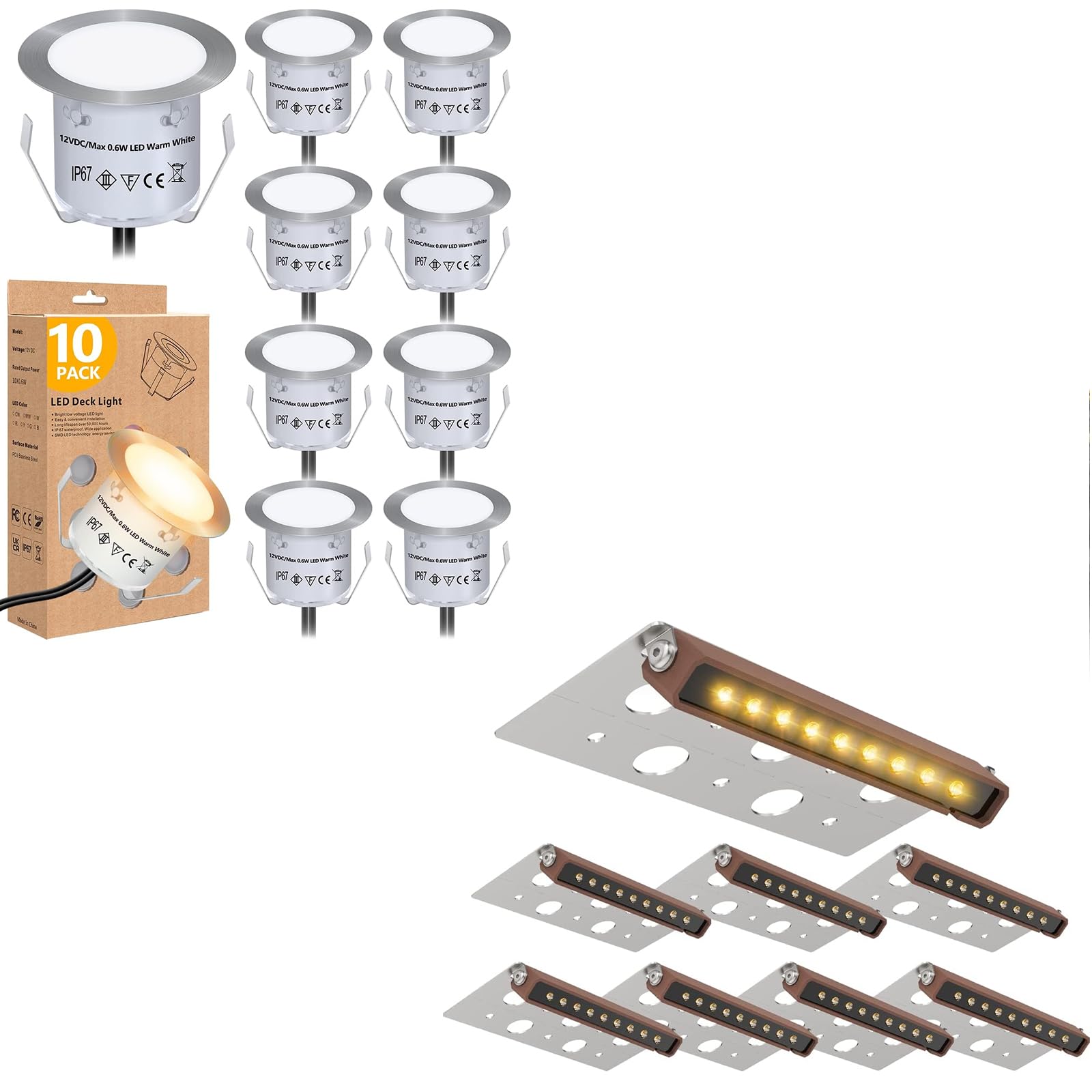 HIBOITEC10Pack Recessed LED Deck Light Kits (Warm) + 8Pack 7 Inch LED Hardscape Light