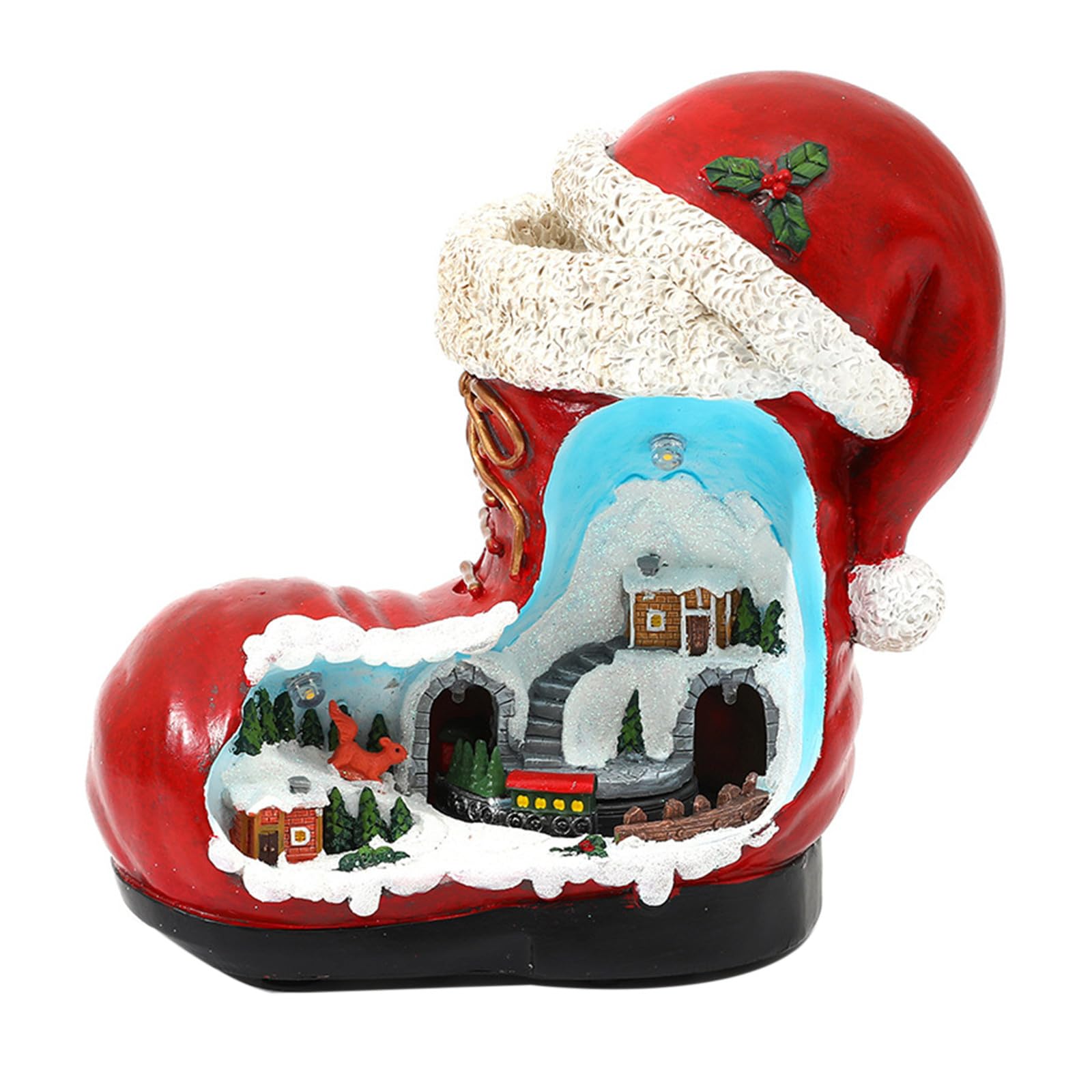Toddmomy Carillon a Forma di Stivale di Babbo Natale con Villaggio Invernale Animato Illuminato e Trenino Rotante. Simpatico Carillon Natalizio, Ornamento da Tavolo o centrotavola per Le Feste.