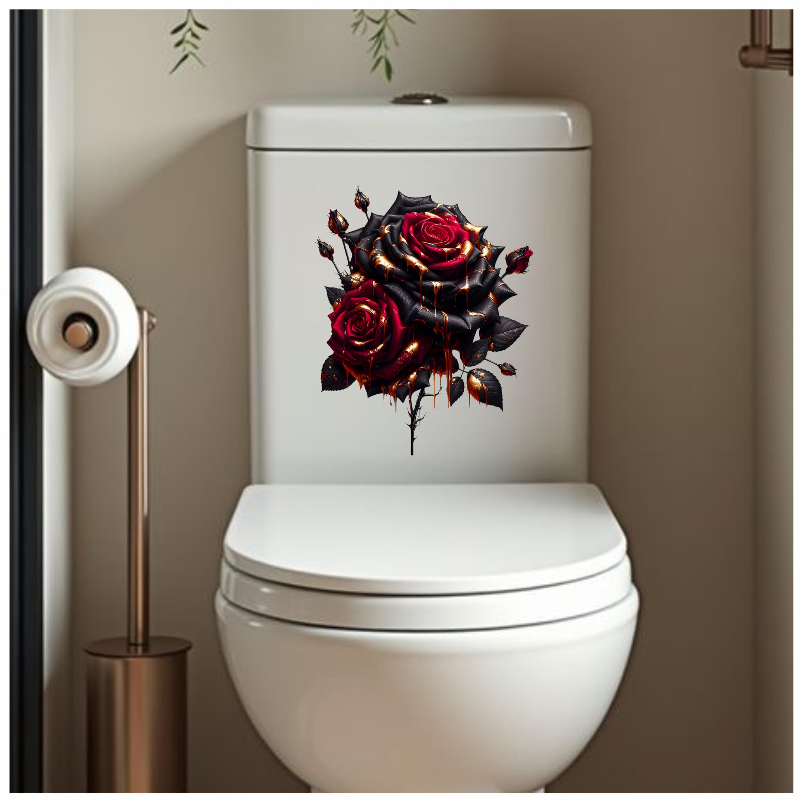 Red Gold Rose Toilet Seat Lid Decals, Non Transparent, Cover Marks, No Unsightly Film, No White Edges, 21cm Tall, Weatherproof, Multi Purpose Gothic Flower Vinyl Stickers