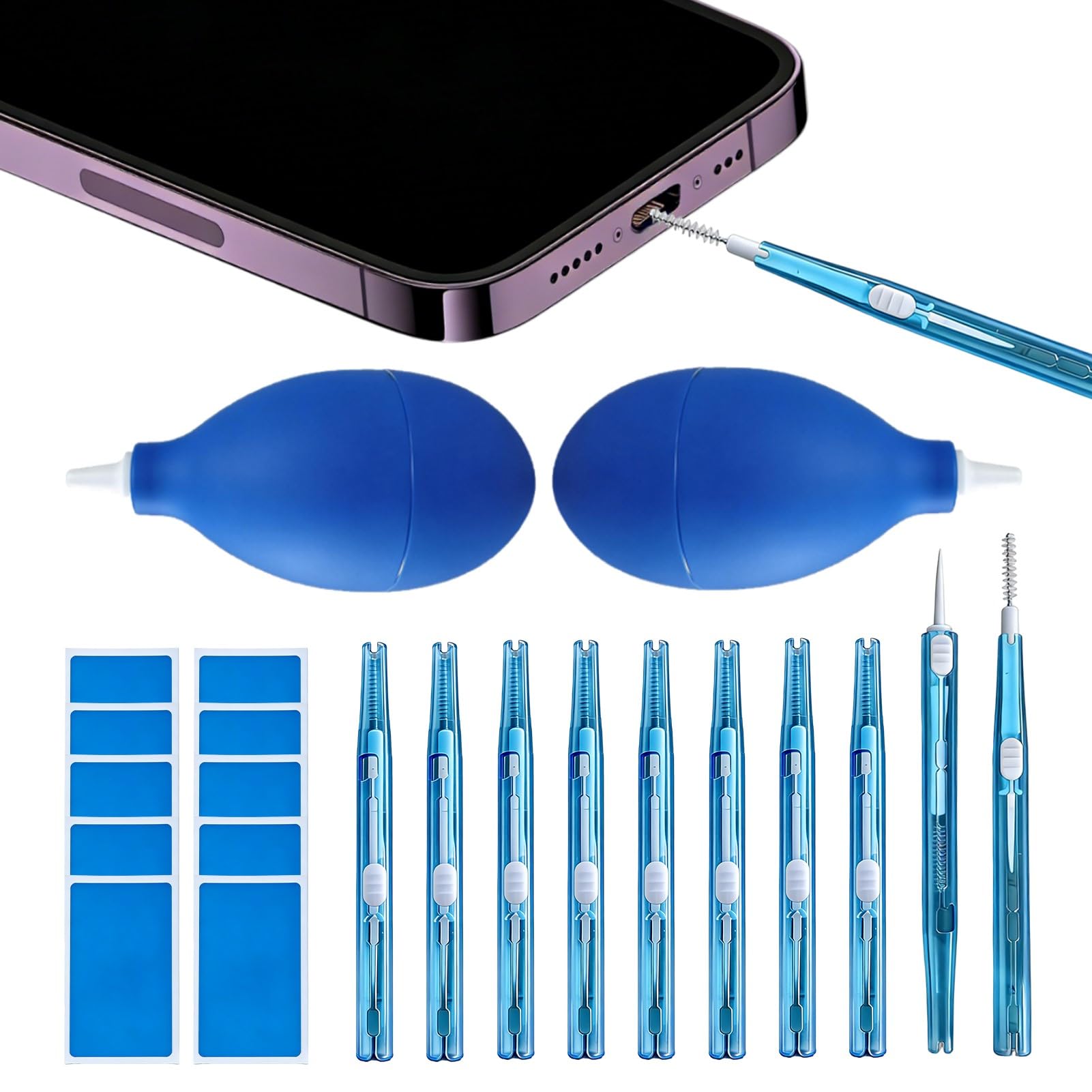 22 Pcs Phone Cleaning Kit, Charging Port Cleaning Kit USB C Port Cleaner Anti-Clogging Bristles with Hook for Phone Charger Earbud Speaker Headphone Dust Removal Tool (Blue)