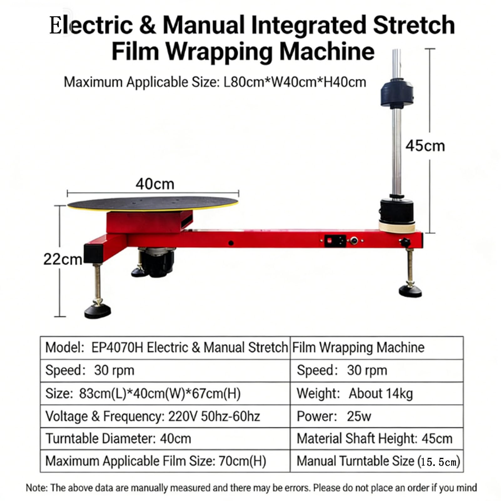 Halbautomatische elektrische Stretchfolien-Wickelbank - 40 cm Drehteller, 45 cm Wellenhöhe für Lagerhäuser und Fabriken