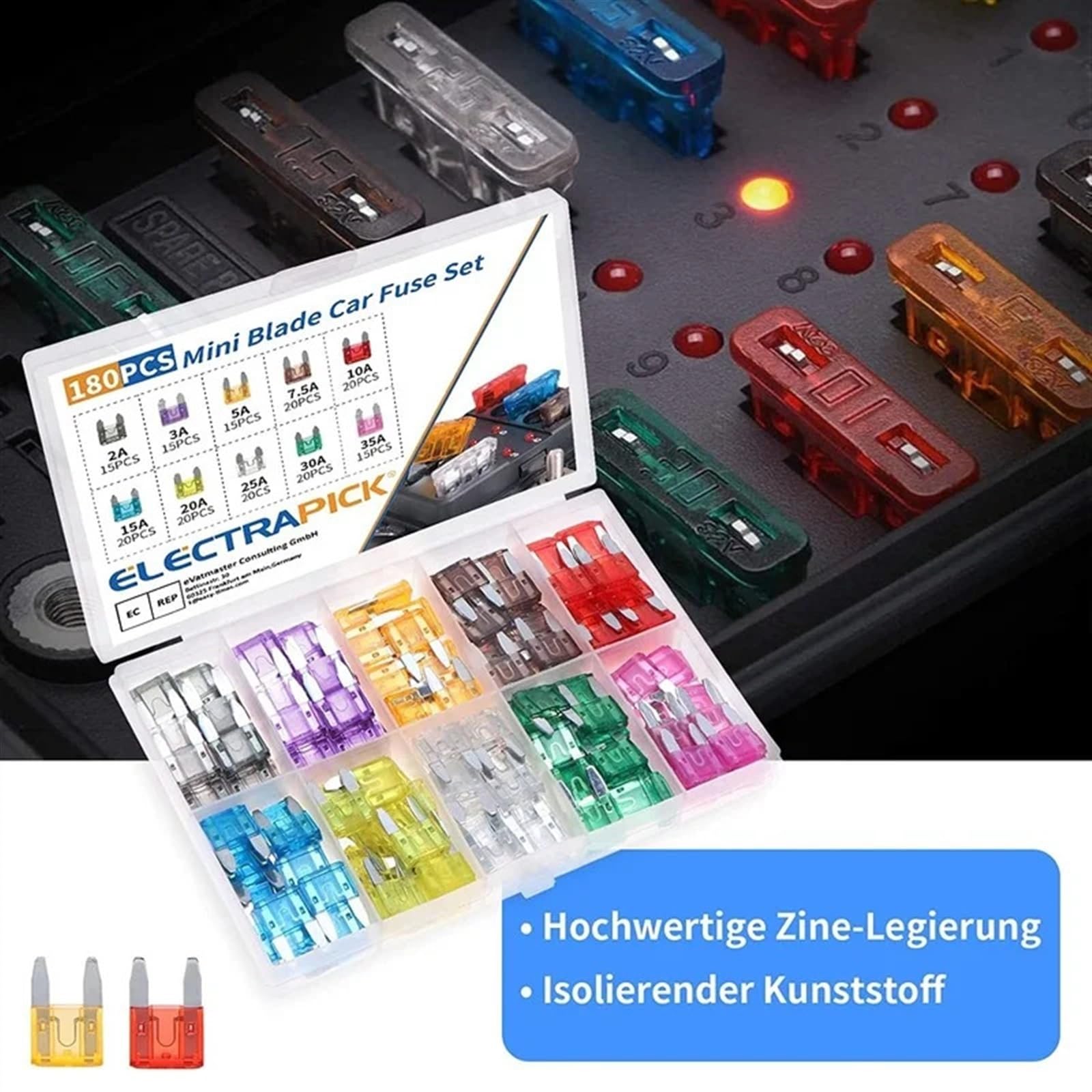 Set di mini fusibili da 180 pezzi Fusibili for auto Mini Fusibili piatti for autoveicoli Barca Camion SUV 2A 3A 5A 7,5A 10A 15A 20A 25A 30A 35A