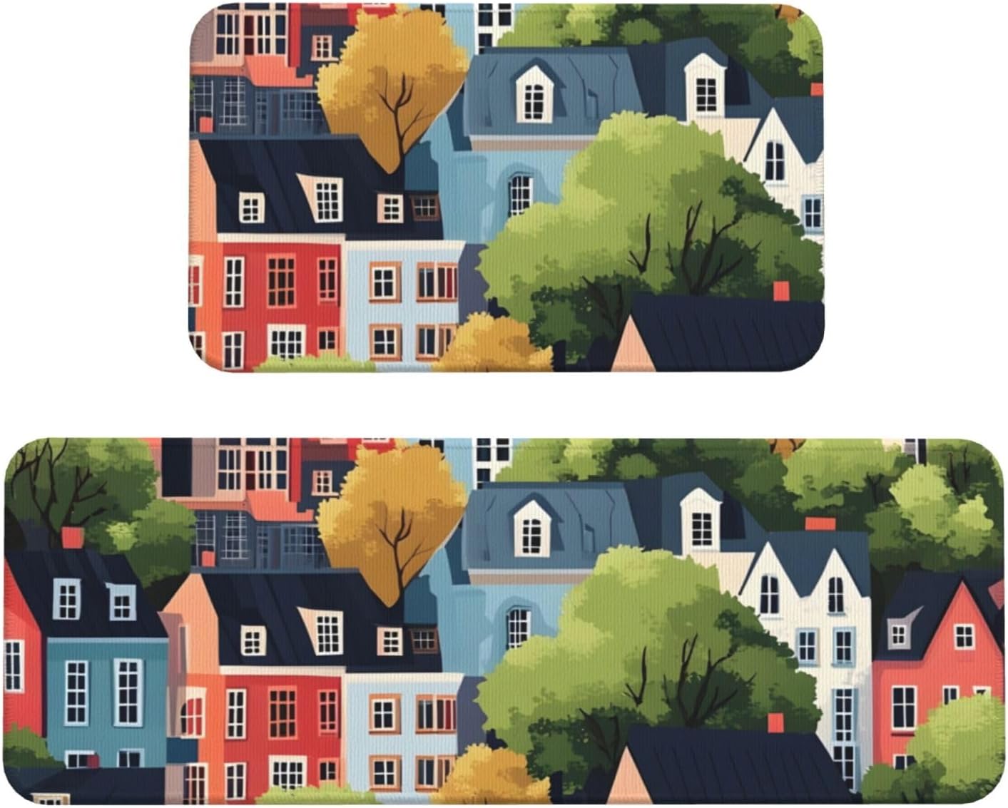 Cartoon Town Print Kitchen Rugs Sets of 2 Non Slip Washable, Anti Fatigue Kitchen Mats for Floor, Home Decor