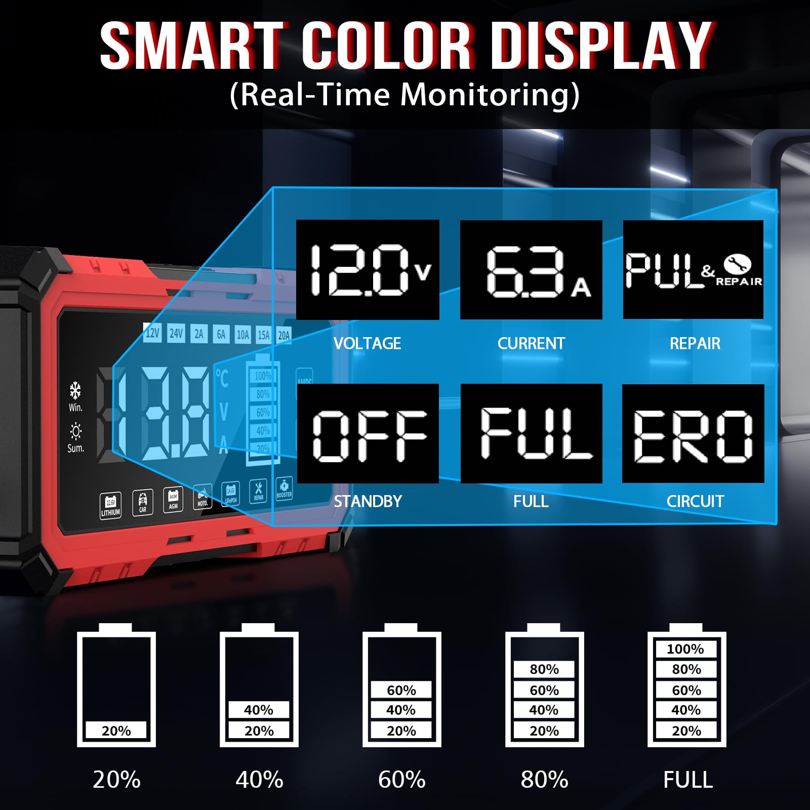 Caricabatterie da auto da 20 A, 12 V/24 V, Smart completamente automatico | con compensazione della temperatura, caricatore intelligente per auto, moto, camion, tosaerba, tosaerba o barca (20A)