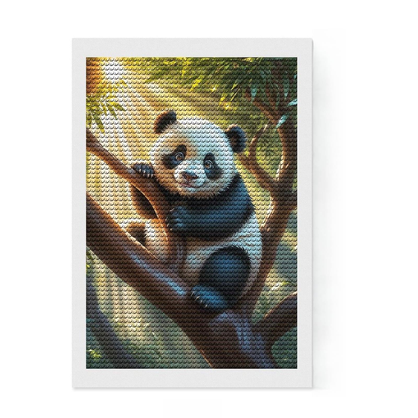 Junmoney Cute Panda in Tree Diamond Art Canvas 8"x12", Adhesive Canvas, Easy to Enjoy, Living Room Decor, Birthday Gift, Simple to Start