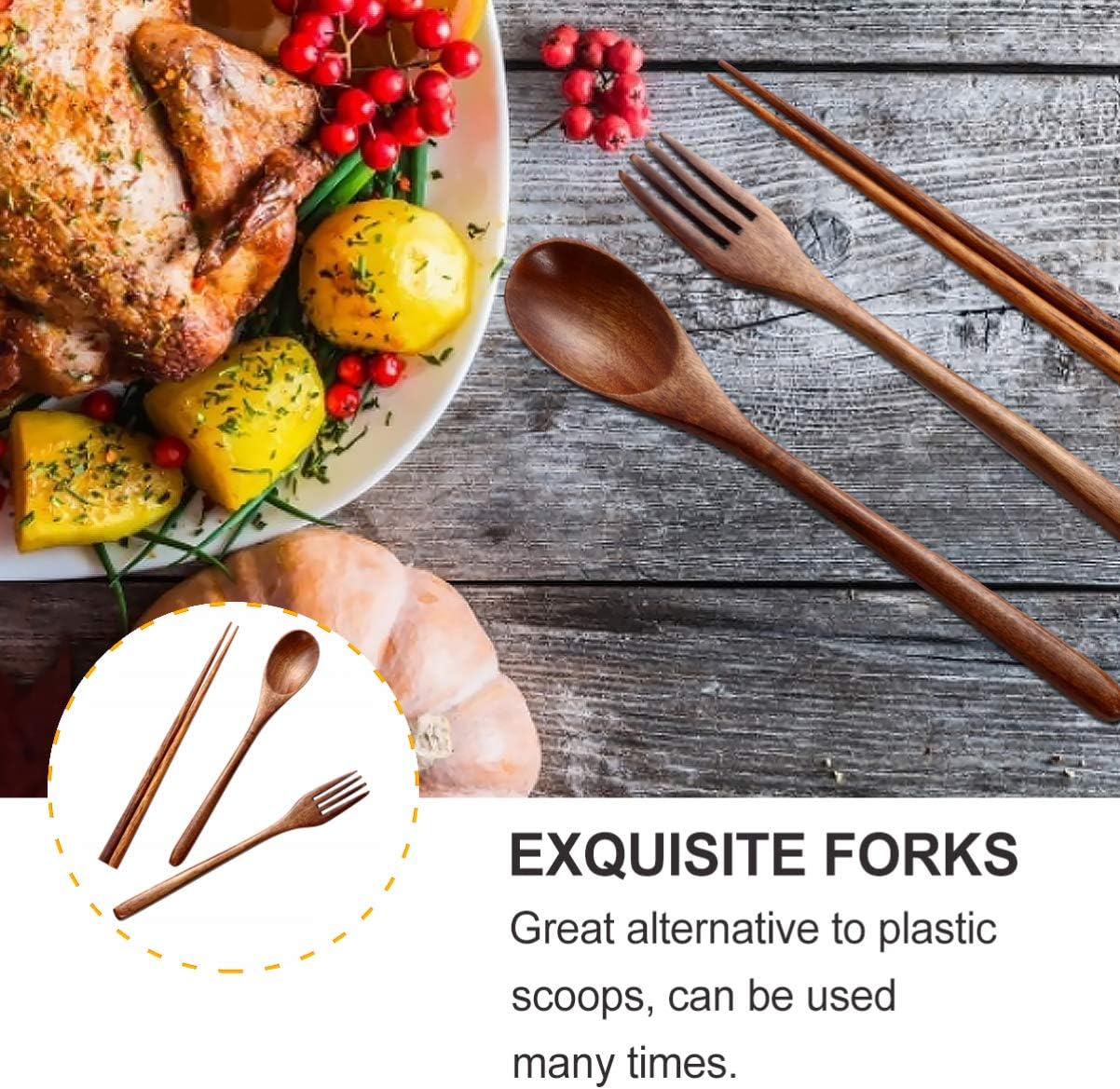 Hemoton Reusable Bamboo Silverware Set with Chopsticks Forks and Spoons 6-Piece Flatware for Camping Outdoor Dining and Family Meals
