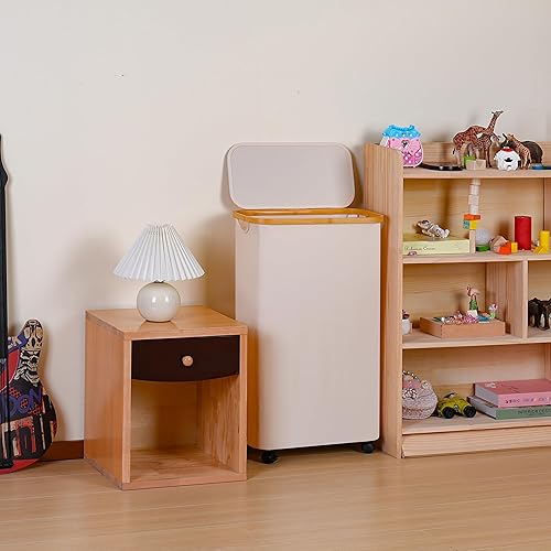 Miniatura 5 de Cesta de lavandería delgada de 60 litros con ruedas, cestas estrechas para lavandería, cesta de lavandería independiente con tapa y asas de bambú,