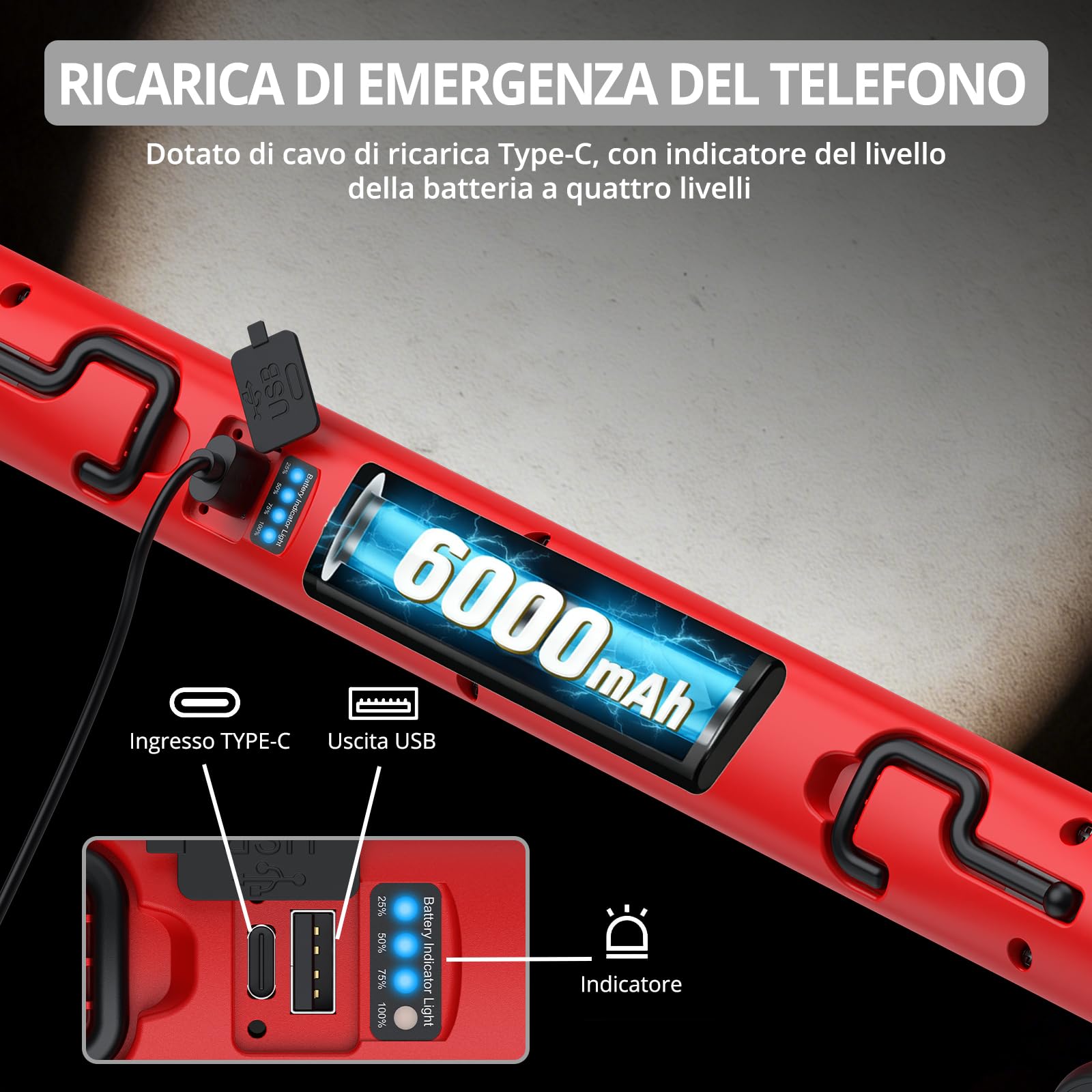 JUSTOOL Lampada da Lavoro LED Ricaricabile 6000 mAh 3000 LM Lampade di Ispezione con Magnetico e Gancio Lampada Girevole per Riparazione Automobilistica con 3 Modalità di Luminosità per Cappa Officina