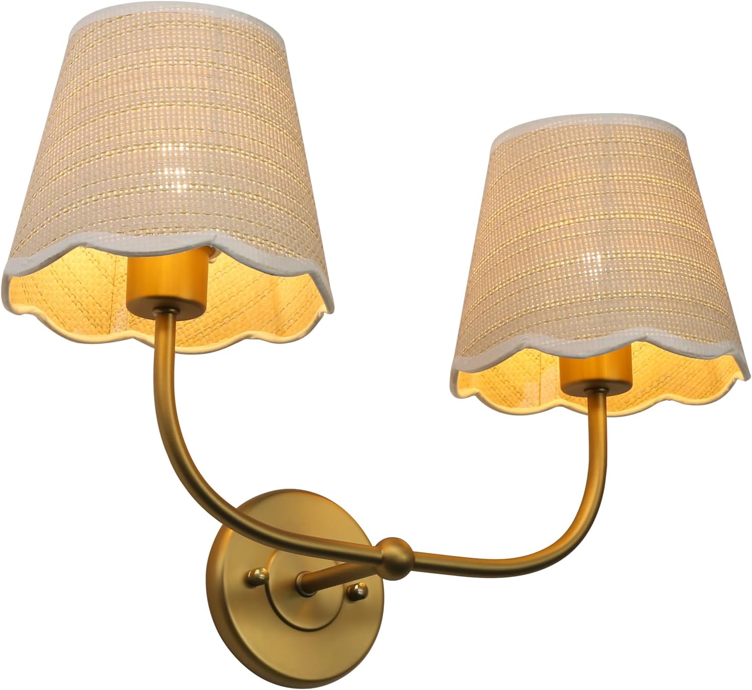 Phansthy Industrial Hardwired Wall Sconce Vintage Farmhouse Wall Light, Boho Brass Finished Wall Lamps with Natural Rattan Woven Lampshade for Bedroom, Living Room (Antique Gold, Two-Light)