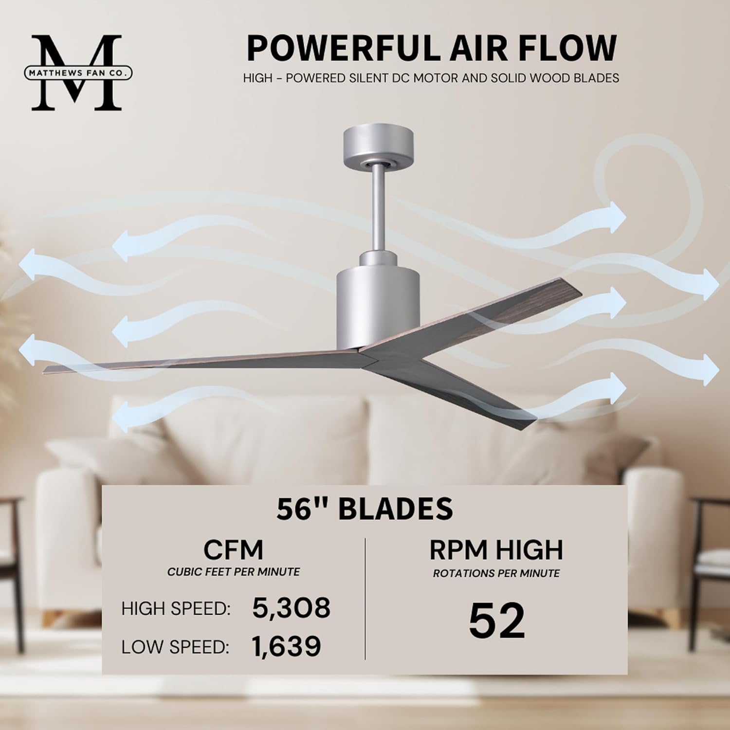 Matthews EK-BN-OO Eliza Wet Rated 56" Outdoor Celing Fan with Remote & Wall Control, No Light, Silent DC Motor, Brushed Nickel with Old Oak Tone