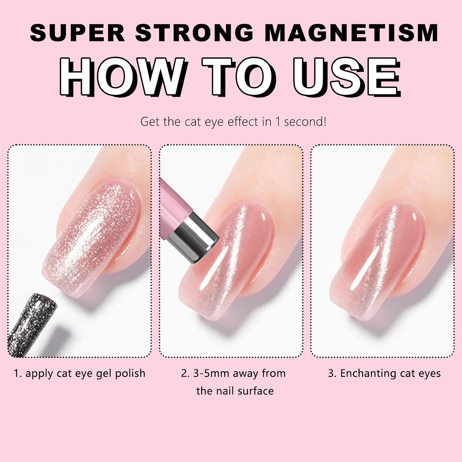 3-In-1 Cat Eye Magnet for Nails, Double-Head Nail Magnetic Wand with Magnetic Beads, Chasing Cat Eye Gel Polish Magnet, Multi-Function Nail Magnets for DIY Salon Manicure Accessories (Pink)​