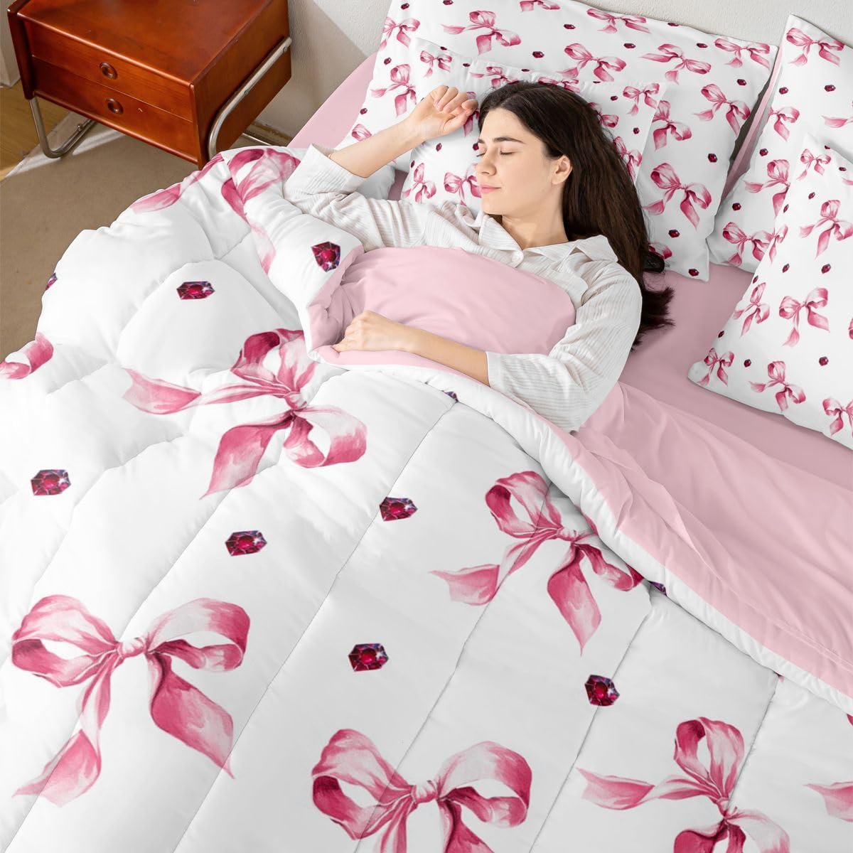 Erosebridal Bowknot 7 Piece Bed in a Bag Twin Coquette Bow 7 Piece Comforter Set Diamond Ribbon Magical Fitted Sheet Breathable Lightweight Dreamy Princess Style Sheet Set Reversible