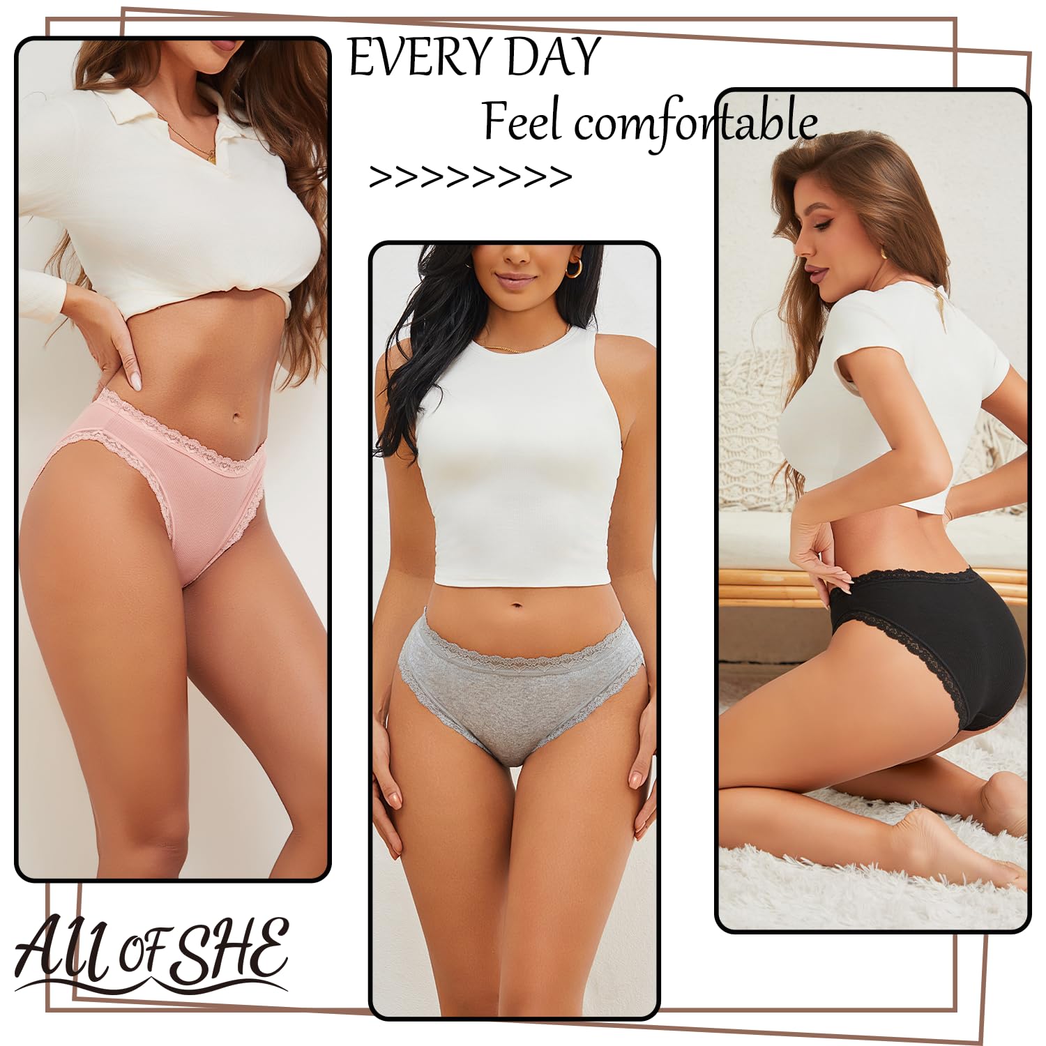 ALL OF SHE Mutande Donna Cotone – Slip Donna Cotone Morbido con Pizzo, Biancheria Intima Comoda e Traspirante, Confezione da 5 Slip, Taglie S-2XL