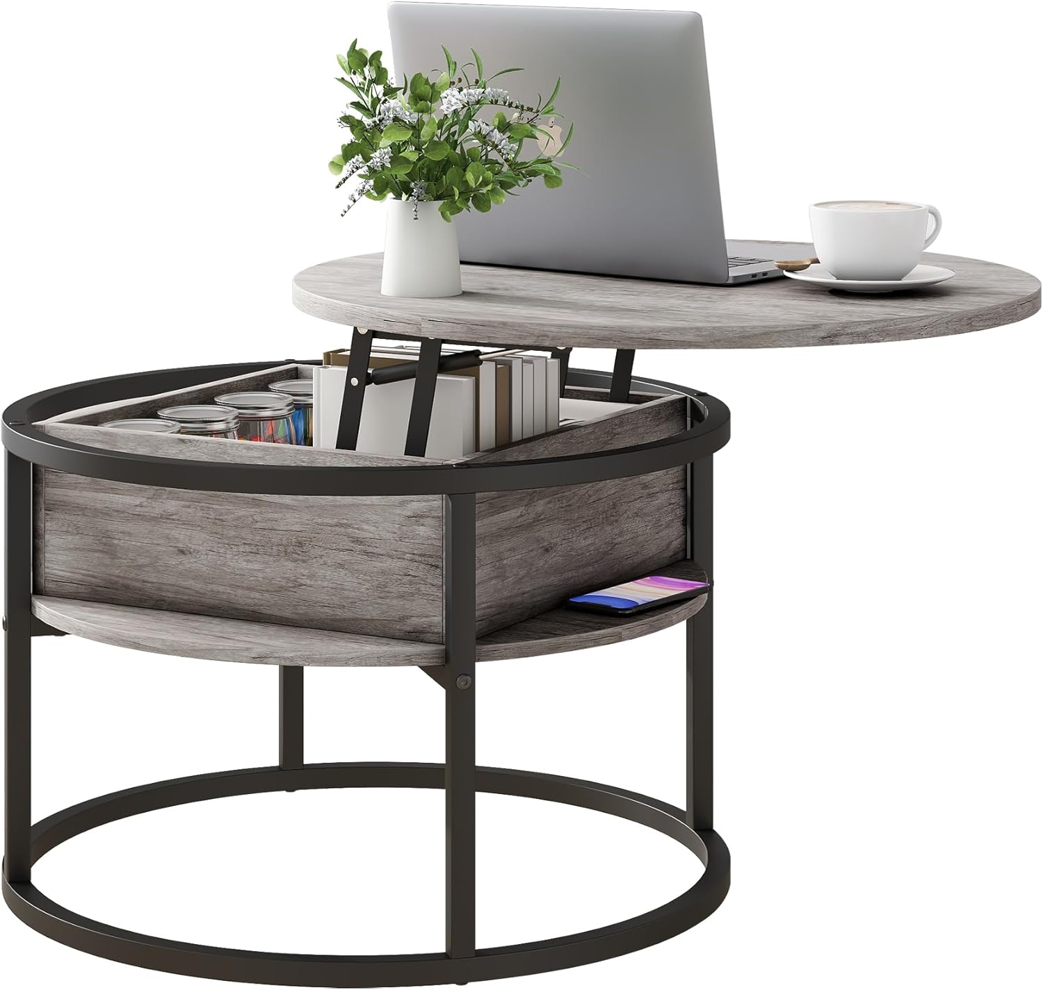 Round Coffee Table with Storage,Lift Top Coffee Table for Living Room Reception Room,2 Tier Small Round Table Dining Center,Grey