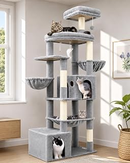 Globlazer XXL Cat Tree 76 mm High with 2 Large Niches Hammock 50x40 cm Wide Platform 2 Baskets Perches Plush Toys Large Stable Cat Tree for 3-5 Large Cats (S76B, Light Grey)