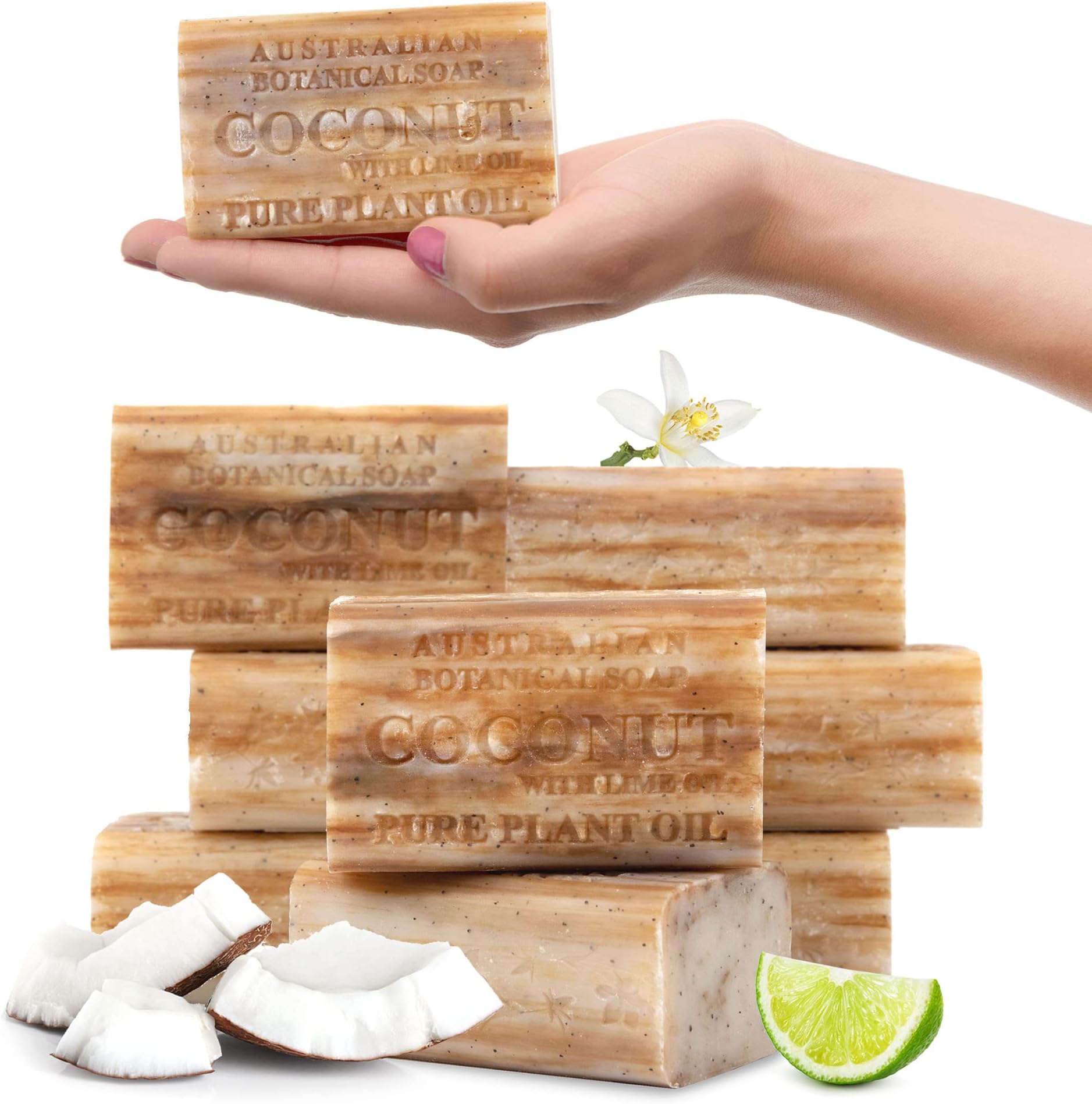 6.6 OZ, Coconut and Lime Oil, Triple Milled Bars made with a Natural Soap Base and Enriched with Organic Shea Butter, Pack of 8