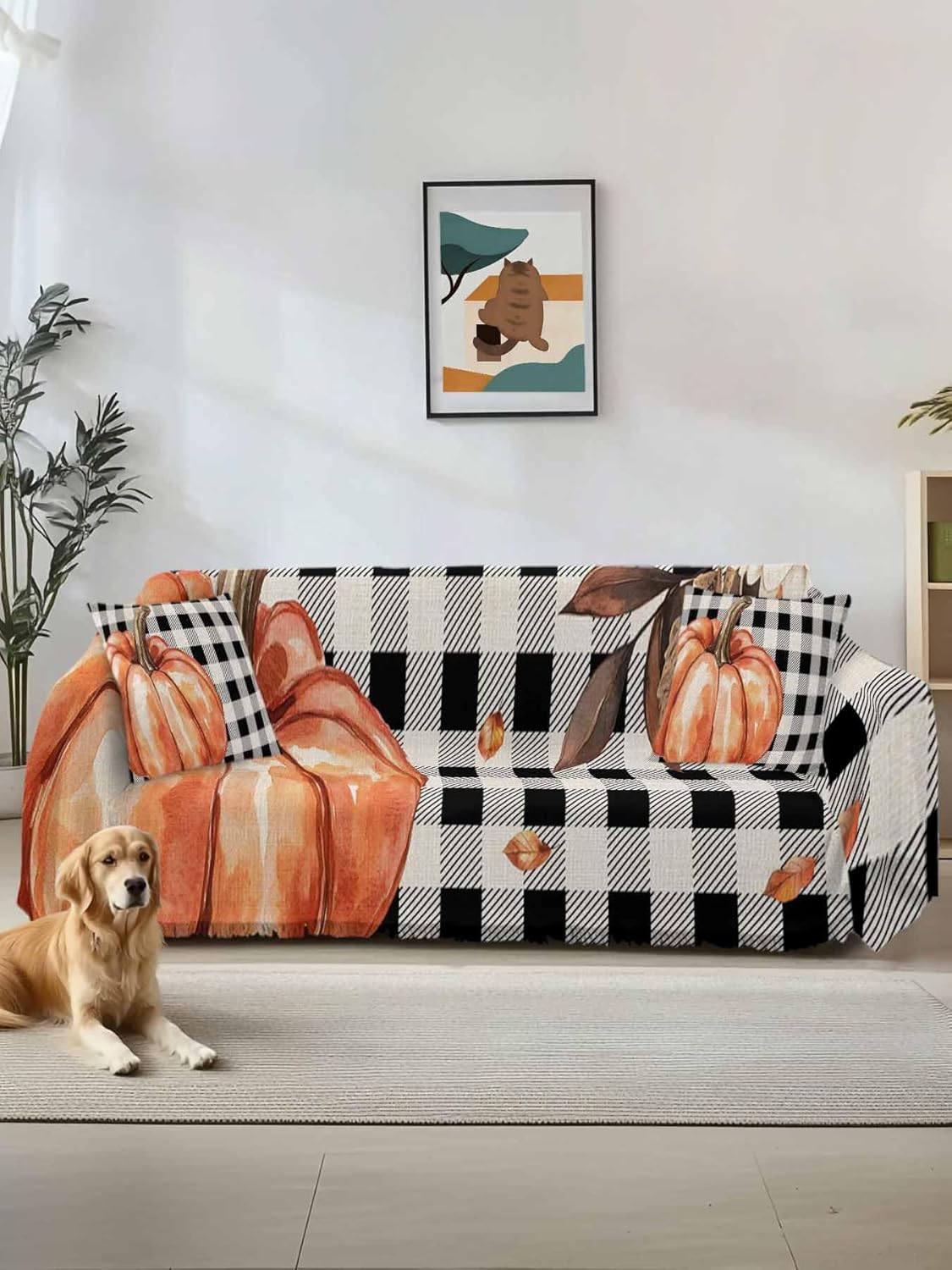 Plaid Pumpkin Sofa Cover Couch Cushion Slipcover, Thanksgiving Buffalo Checkered Black Orange Loveseat Sectional/Individual/L/T Shape Sofa Couch Furniture Protector Throws Blanket Cover,M 71"x102"