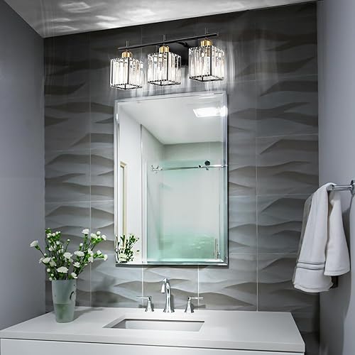 Miniatura 8 de Modernas luces de tocador de cristal para baño, lámpara de tocador negra y dorada mate, lámpara de baño de 3 luces sobre espejo, aplique de pared