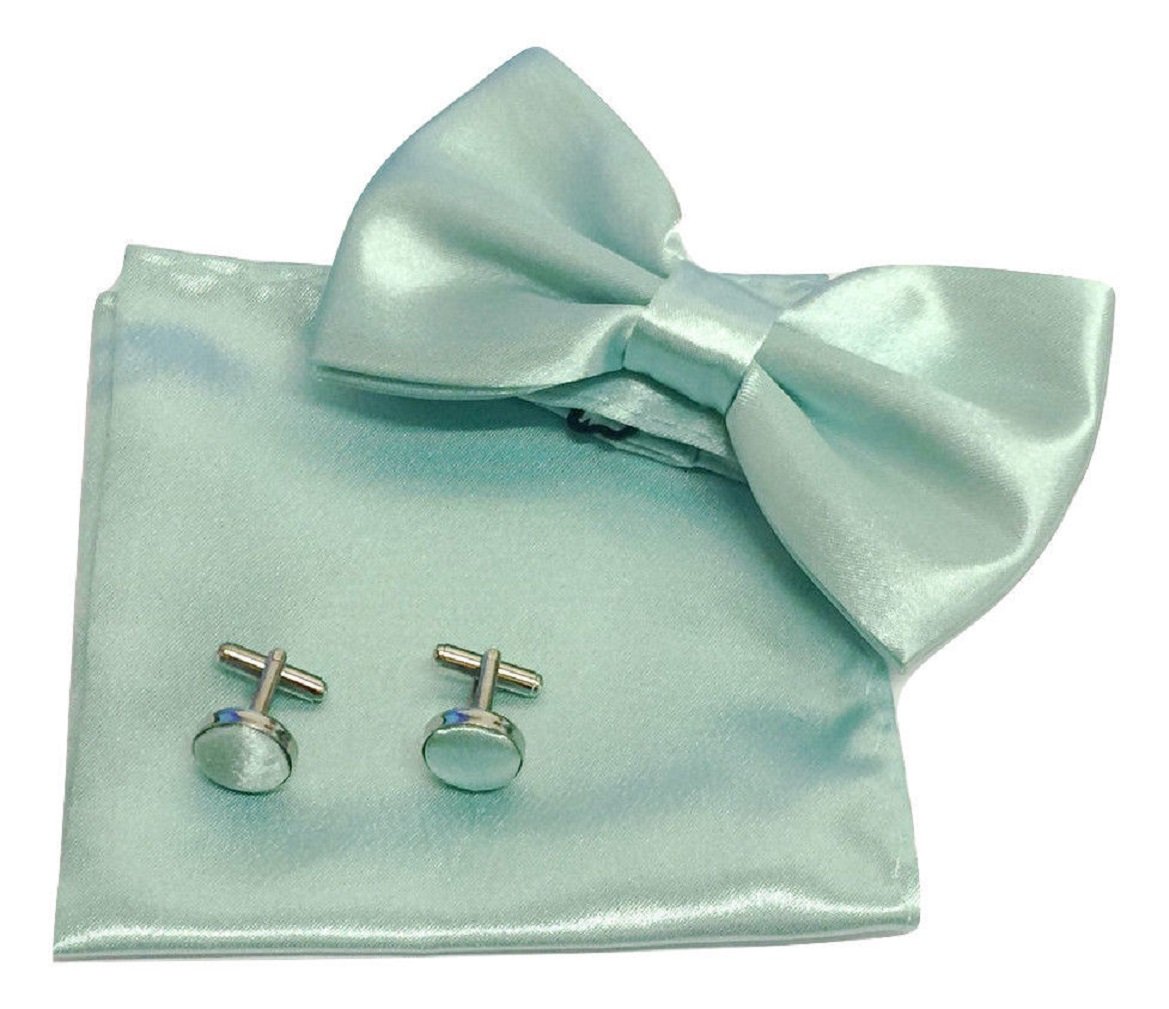 L&L® Men square Satin Wedding pocket Hanky Handkerchief + bow tie + cuff links Set (Mint)