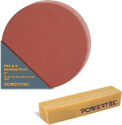 Miniatura 10 de POWERTEC 30 discos de lijado PSA de 8 pulgadas, 5 de cada uno de 60, 80, 100, 120, 180, 240 granos, papel de lija autoadhesivo surtido para paneles