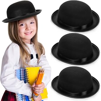 Eorbow 3 Pack Bowler Hat, 22" C Non-Adjustable Black Derby Hat, Felt Bolivian Costume Hat Accessories, Victorian Dress Up Hat for Big Kids, Teens