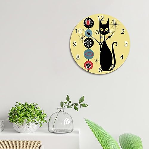 Miniatura 2 de ArogGeld Reloj de pared de gato genial, reloj de madera moderno de mediados de siglo, 10 silencioso, sin tictac, de cuarzo, funciona con pilas, para