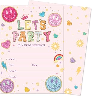 25 Set Smile Face Party Invitations with Envelopes Pastel Pink Embroidered Style Smile Pattern Paper Invites for Birthday Baby Shower Wedding, 5 x 7 Inch