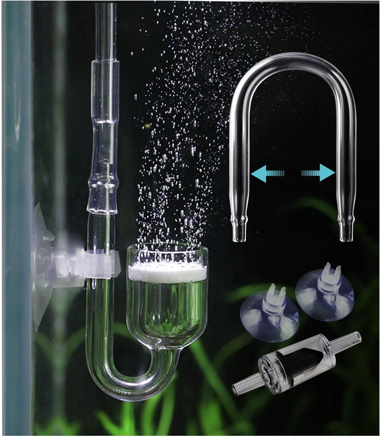 Aquarium Glass CO2 Diffuser Atomizer with U Tube Check Valve Suction Cup Premium Version