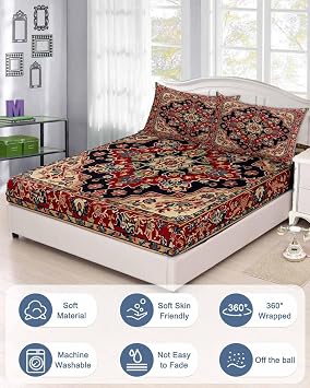 Bedding Twin Size Fitted Sheets Fit 5-16 Deep Pocket Mattress,Vintage Afghan Geometric Stripe Floral Soft Bottom Sheet Abstract Ethnic Flower Texture Fitted Sheet Bed Set with Pillow Case