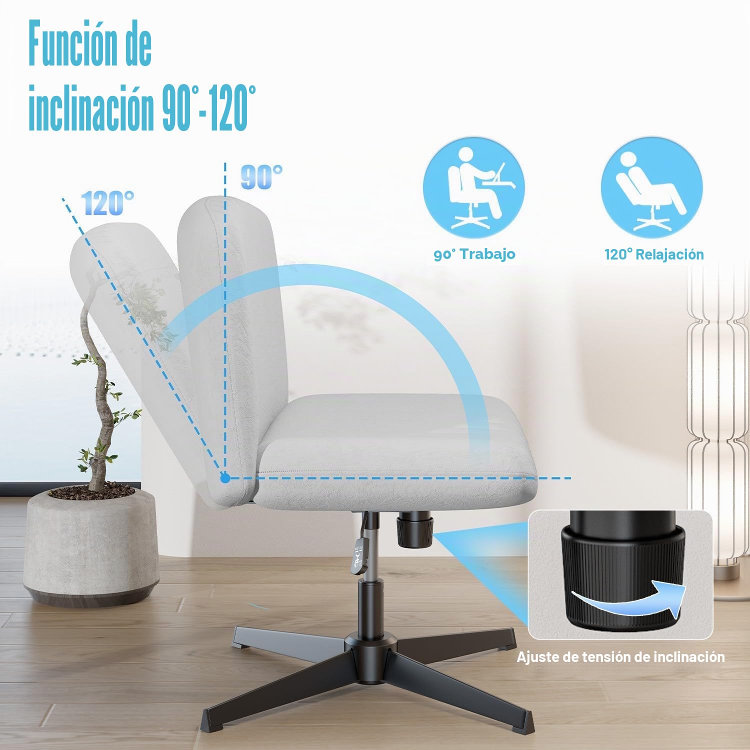 Silla de oficina ergonómica con patas cruzadas, sin brazos, silla sin ruedas, franela ancha y suave, giro de 360° y altura ajustable, diseño moderno para el hogar (gris)