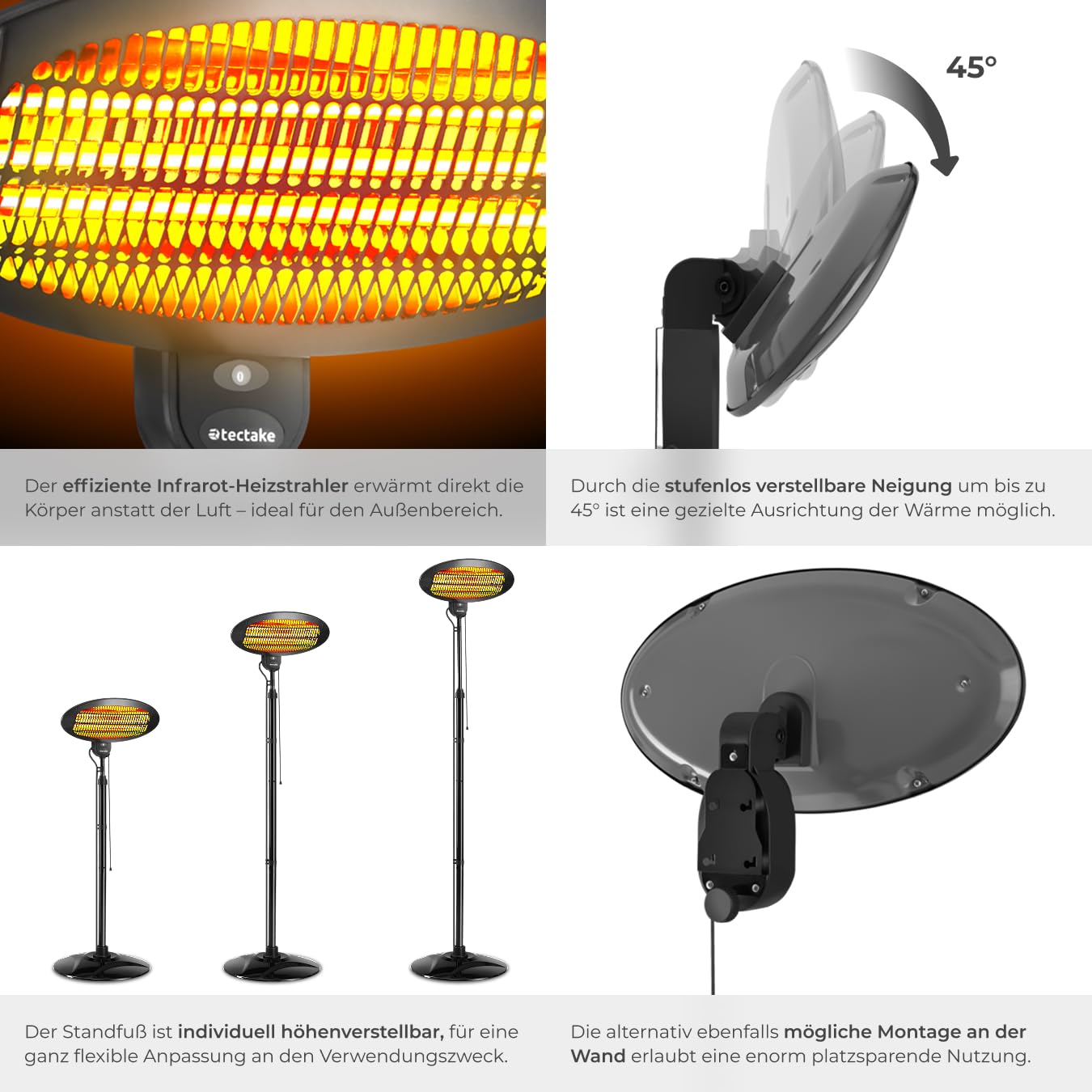tectake® Infrarot Heizstrahler, Heizlüfter mit Standfuß oder Wandmontage, Wärmelampe für Baby Wickeltisch, Wandheizung Bad, Infrarotheizung Terrasse, Heizung elektrisch, 2000W, 3 Stufen