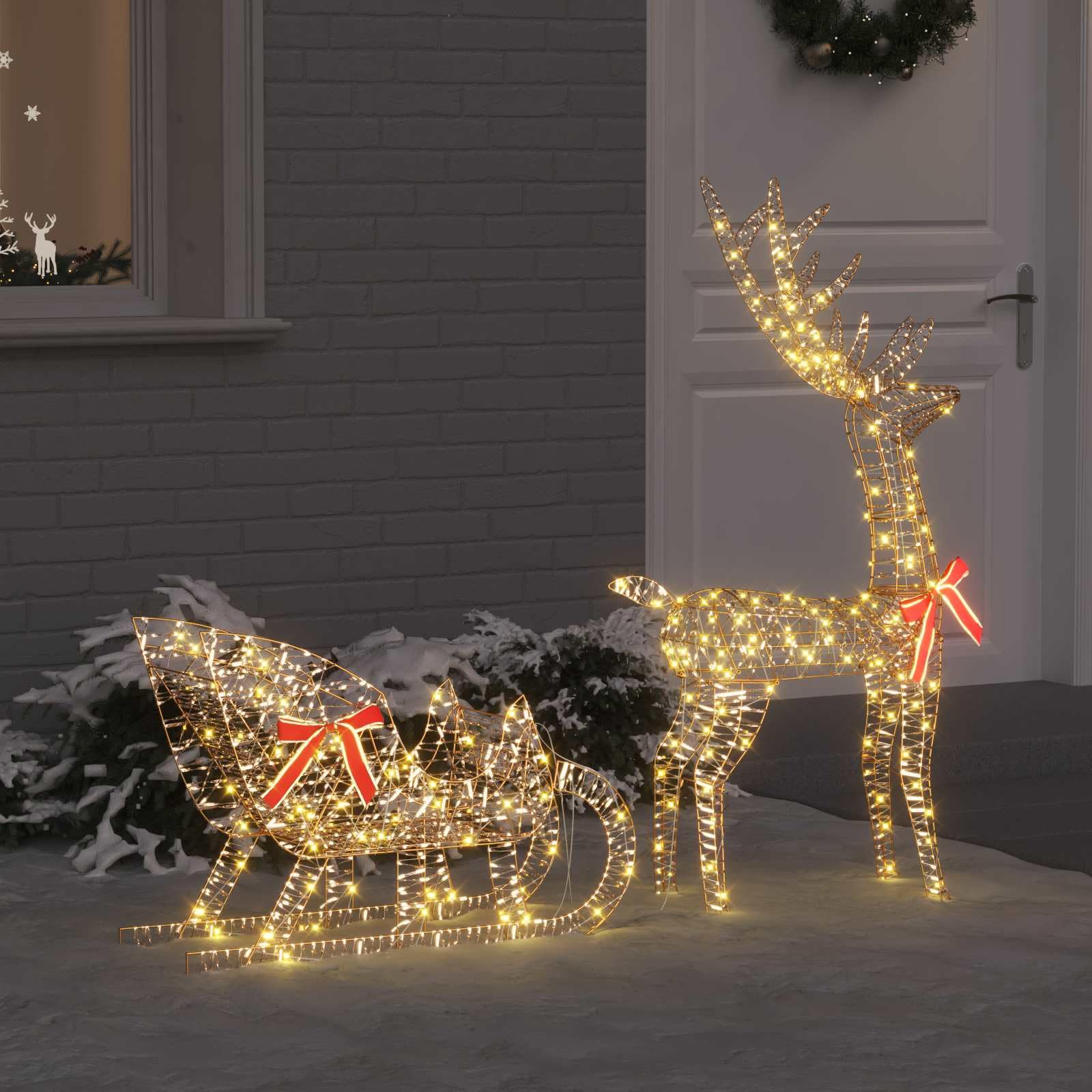 Rentier Schlitten Weihnachtsdeko warmweiß 70 x 26 x 129 cm PET mit LED-Lichtern wetterfest für Innen- und Außenbereich festliche Dekoration