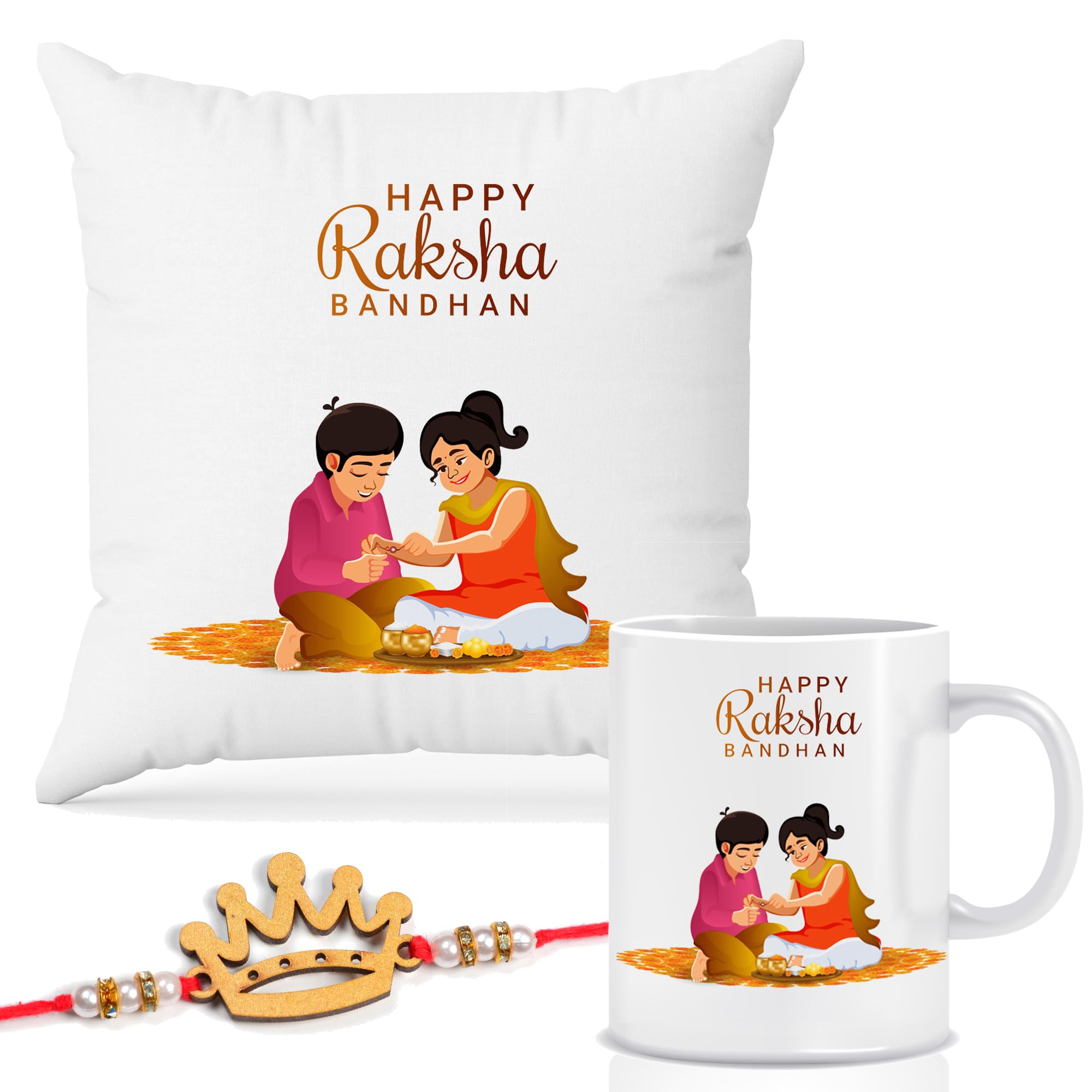 Raksha Bandhan Gift Combo – Cushion with Filler, Printed Coffee Mug & 1 Rakhi | Cute Brother Sister Cartoon Design | Rakhi Gift Set for Brother, RKCMUG-03
