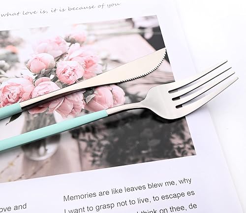 Miniatura 11 de Juego de cubiertos de espejo, 24 piezas de cubiertos de acero inoxidable 18/0 con mango verde menta, vajilla simple y moderna para cena de fiesta