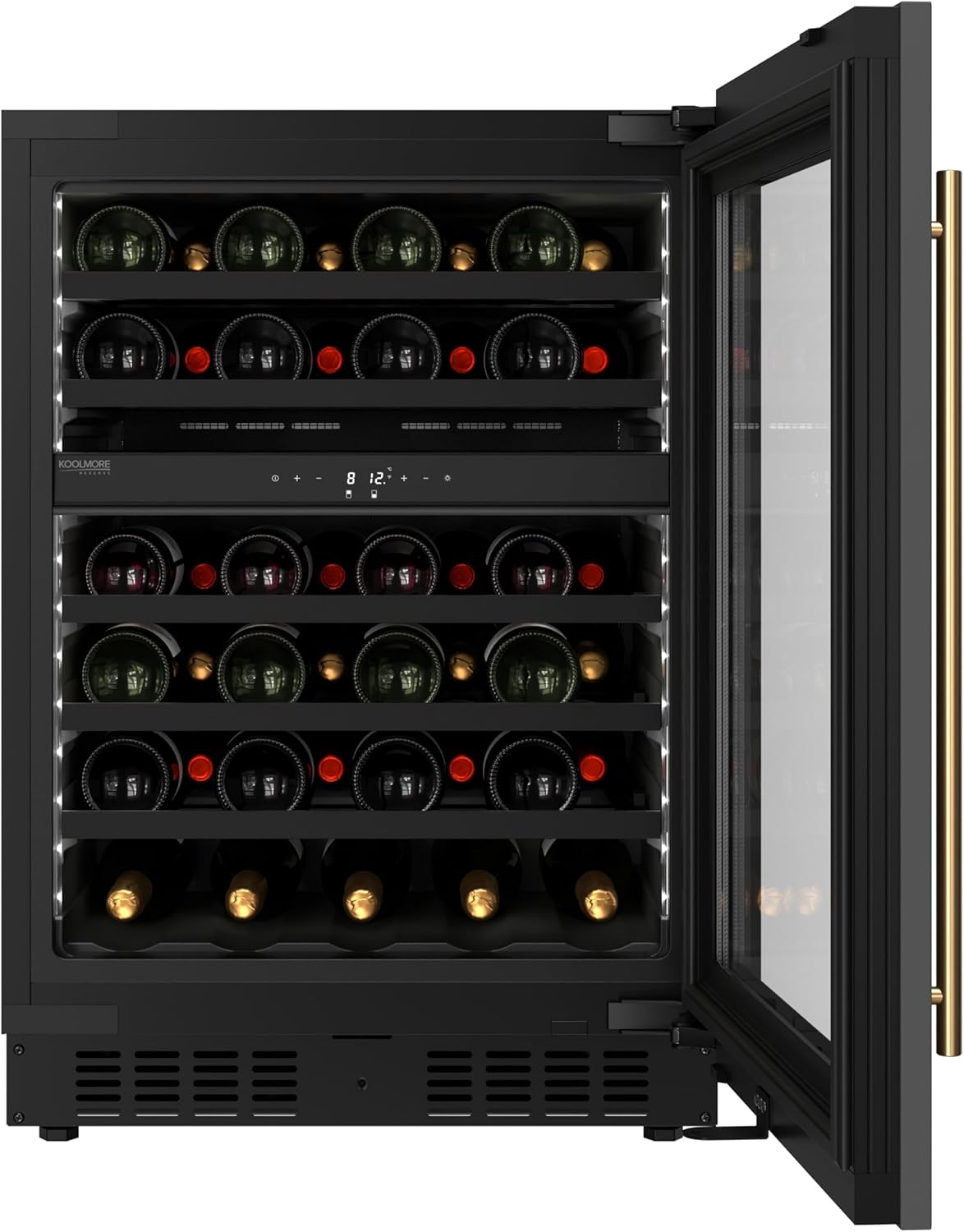 KoolMore Reserve 24 in. Under-Counter Panel Ready Dual Zone Built-in Wine Cooler with Black Shelves and 45 Bottle Capacity in Black (KM-CW46DZ-BPR)
