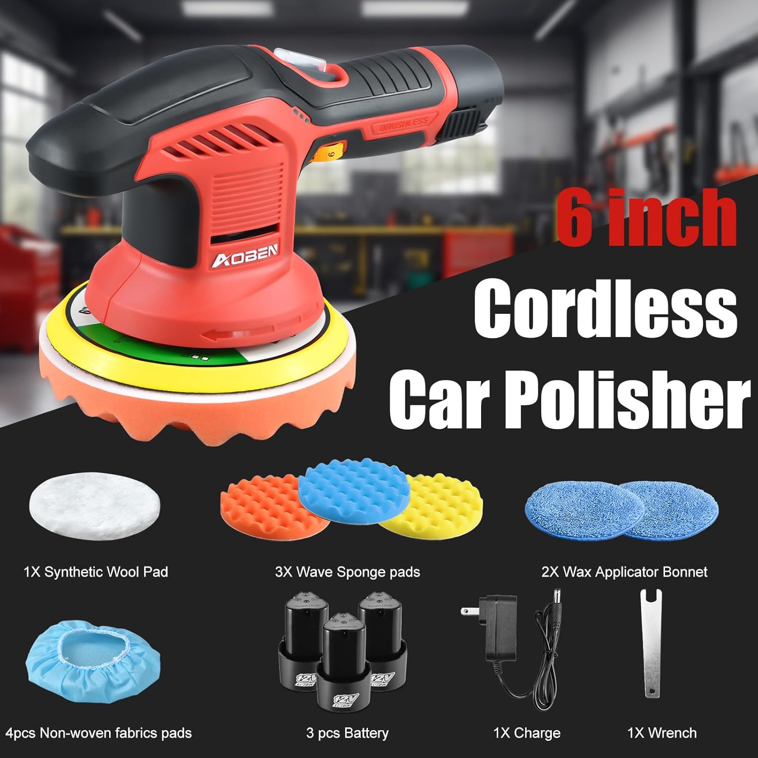 AOBEN Cordless Car Polisher,6 Inch Car buffer Waxer Kit with 3X2000mAh Batteries,6 Variable Speed &10 Polishing Pads,Brushless Cordless Polisher for Car Detailing/Waxing/Polishing/Scratch Removing