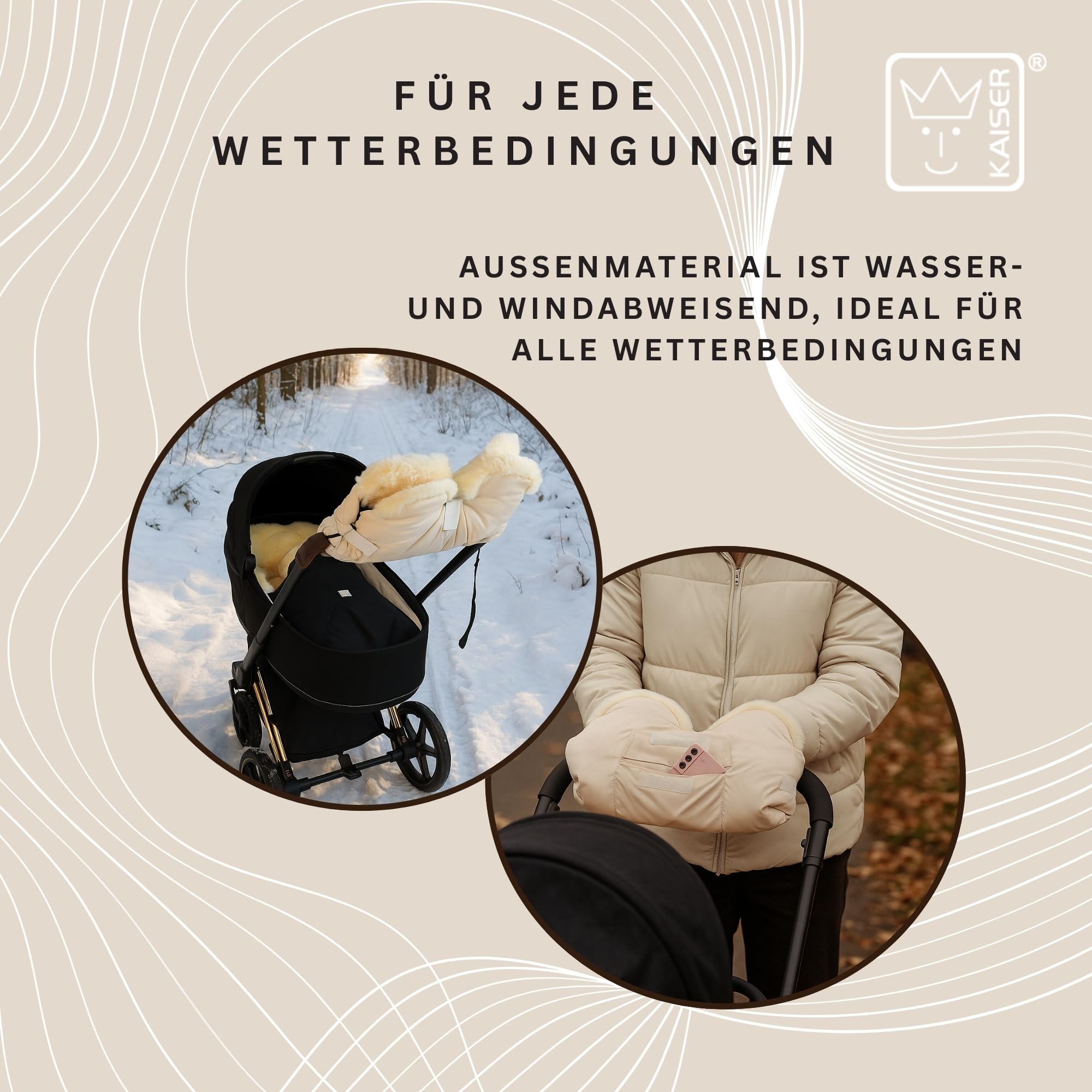 Lammfell Handwärmer für Kinderwagen, 45 x 22 cm, Schaffell Innenfutter, Wasserabweisend, mit Handytasche (cream)