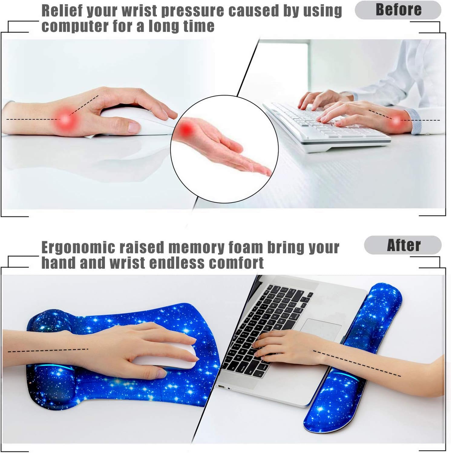 icolor Keyboard Wrist Rest Pad and Mouse Wrist Rest Support Set, Ergonomic Memory Foam Mouse Pad for Gaming Office PC Computer Laptop,Non Slip Rubber Desk Pad Relief Pain