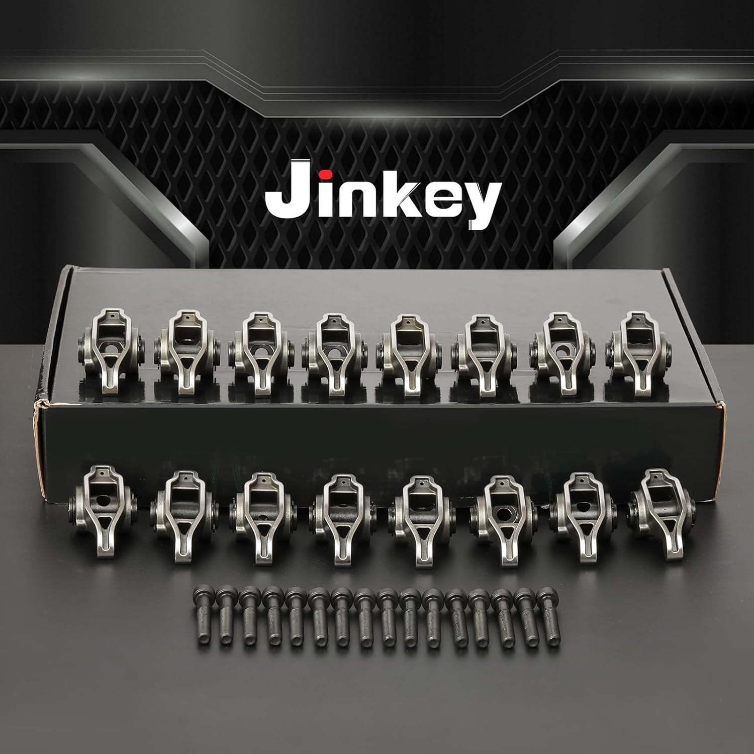 JINKEY 16Pcs Alloy Steel Engine Rocker Arms and Bolts with Upgraded Trunnion Kit Installed for GM 4.8L-6.2L LS engine LS1/LS2/LS6/LQ/LY/LM Series