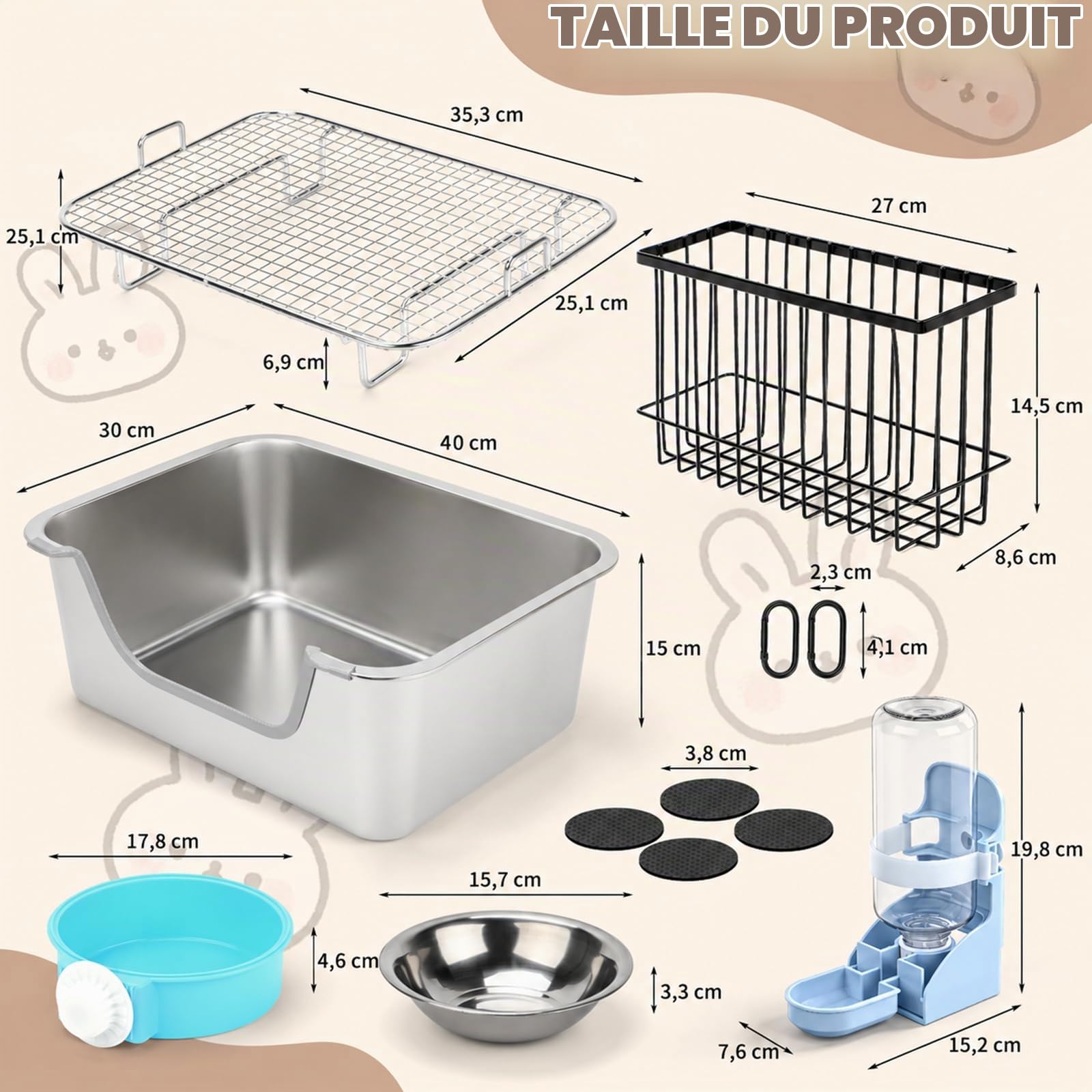 HYLYUN 4-en-1 Bac à Litière Lapin INOX avec Râtelier à Foin, 40x30 cm | Litière petits animaux à entrée basse, anti-odeur, facile à nettoyer, anti-morsure, accessoire cage lapins & cobayes