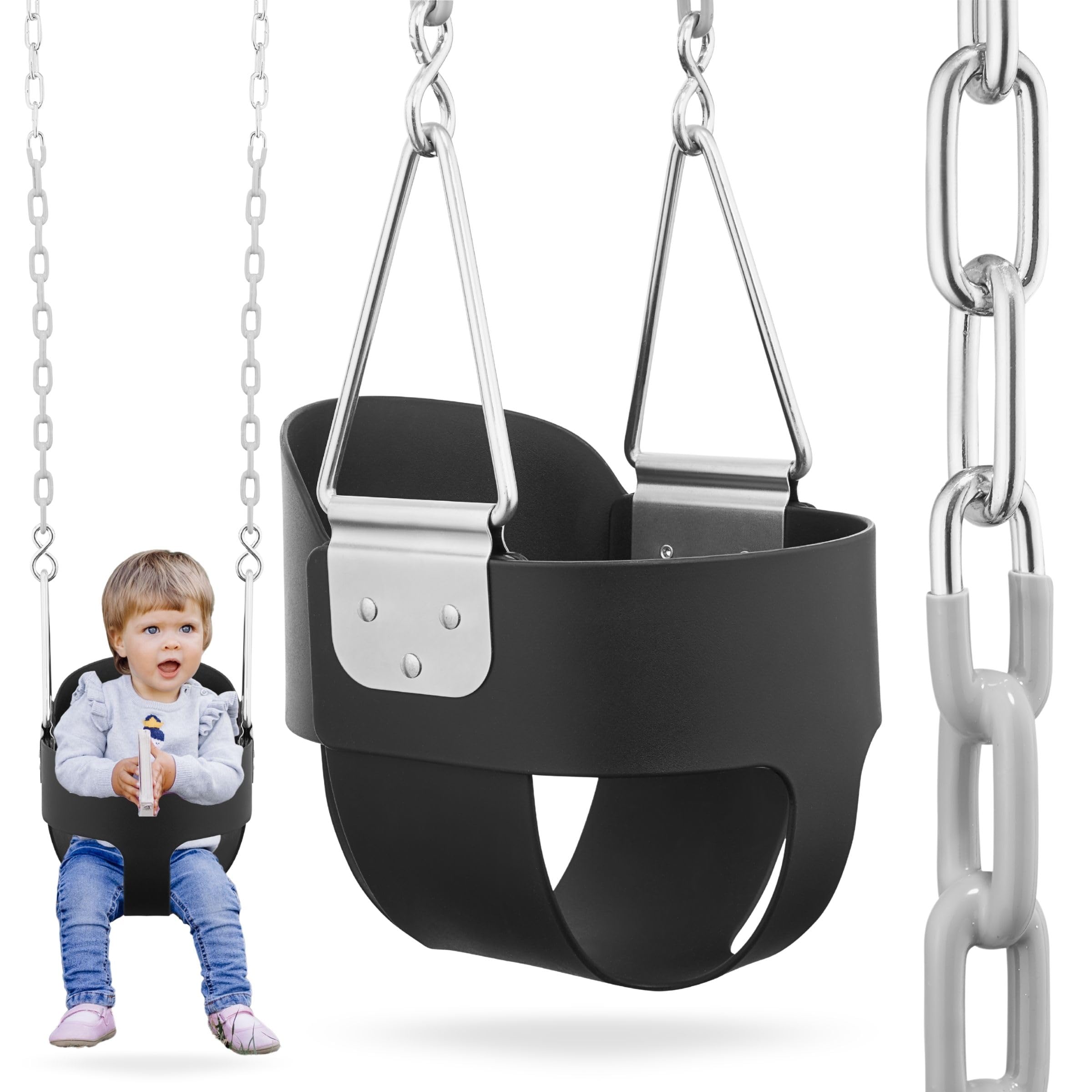 HyperMotion Columpio Infantil con Respaldo Alto - Asiento de Cubo EVA para Bebé - Columpio Jardín Exterior Resistente con Cadenas 150cm y Mosquetones 22kg - Seguro y Duradero