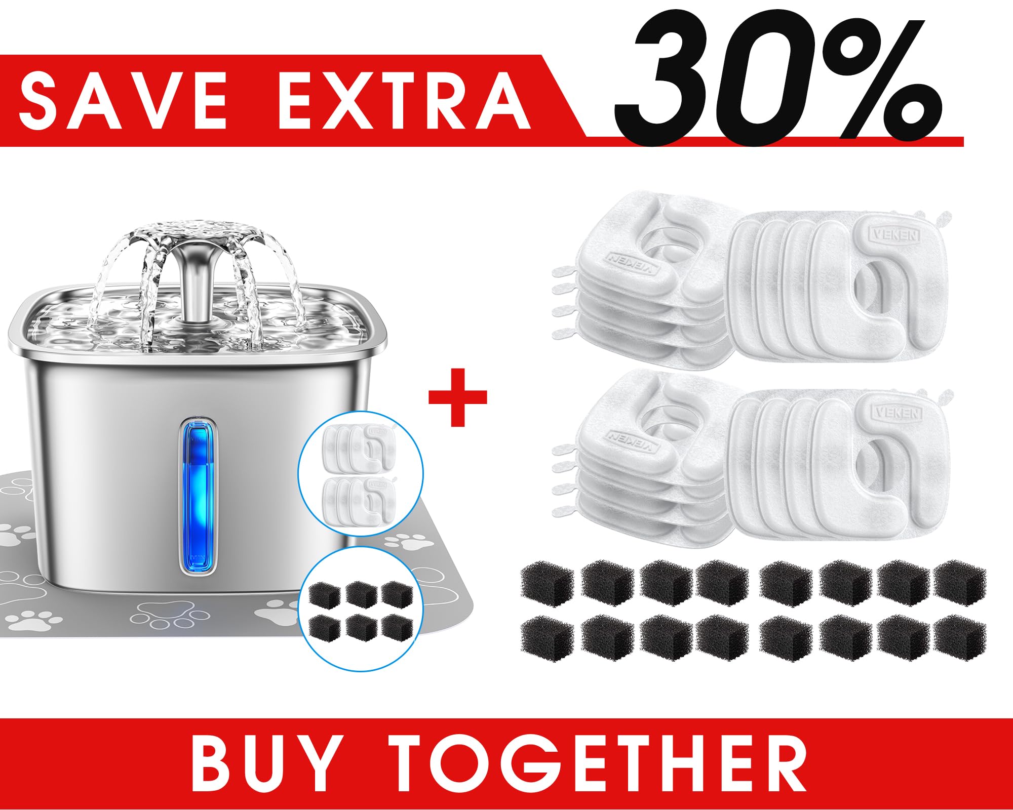 veken 95oz28l cat water fountain stainless steel amp original design 32 pack replacement filters amp sponges set silver