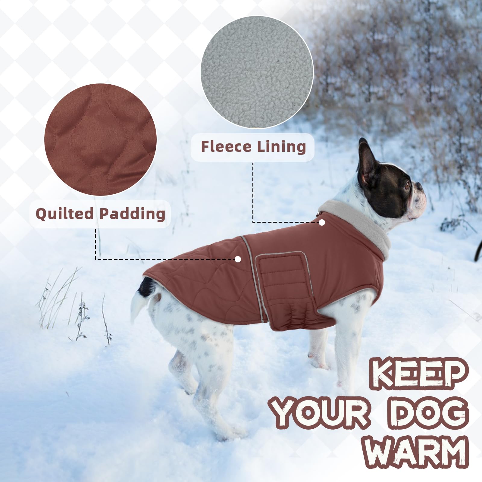 Manteau Petit Chien Chaud Hiver Résistant à l'eau Velcro Doudoune Petite Taille pour Yorkshire Bichon Jack Russel Brun Rougeâtre