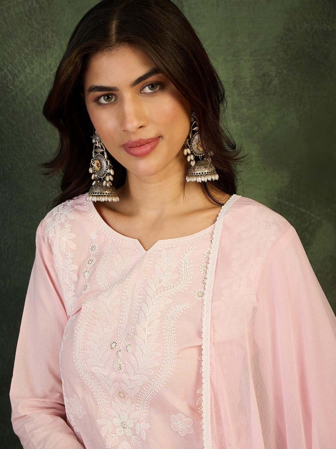 LookMark Set kurti da donna in misto cotone ricamato con kurti dritto Dupatta con pantaloni etnici tradizionali