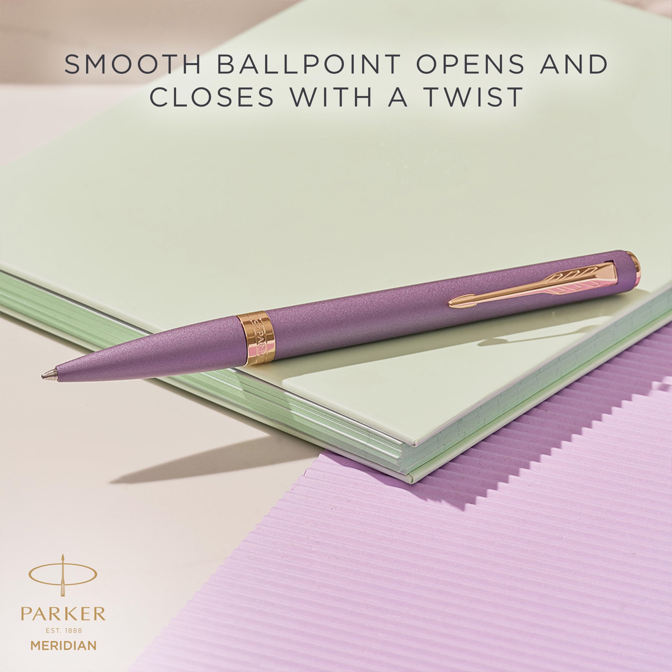 Parker Meridian Stylo à bille | Laque violette avec des bordures or rose | Plume moyenne | Stylos pour l'écriture et Fournitures de papeterie | Encre bleue | Boîte cadeau de luxe