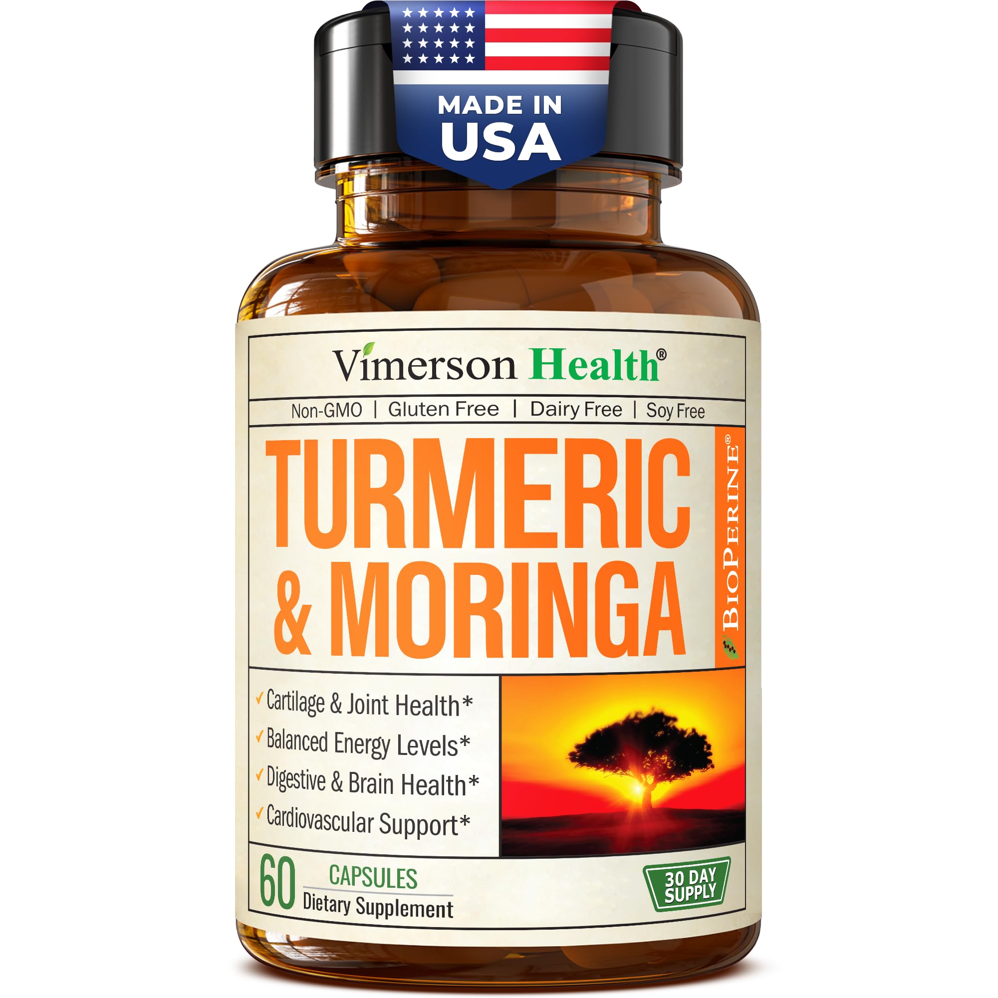Moringa + Turmeric Curcumin Supplement for Joint Health, Gut Health, Energy and Immune Support - Total Wellness Formula - Tumeric Curcumin with Black Pepper & Moringa Pure Capsules - 60 Count