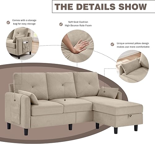 Miniatura 5 de Sofá modular convertible de 77 pulgadas, moderno sofá en forma de L de 3 asientos con otomana reversible y bolsillo de almacenamiento, sofás